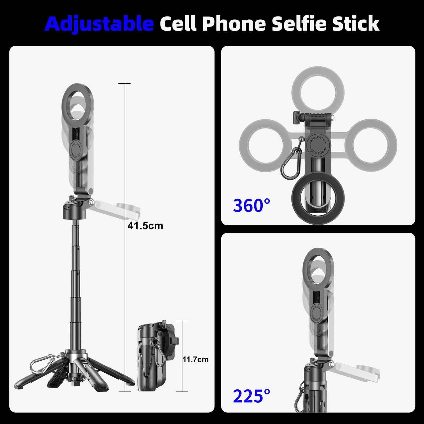 Wofoboxair for Magsafe Tripod Stand for iPhone,Portable Pocket Size Selfie Stick with Rechargeable Remote and Metal Ring,Extendable Detachable Cell