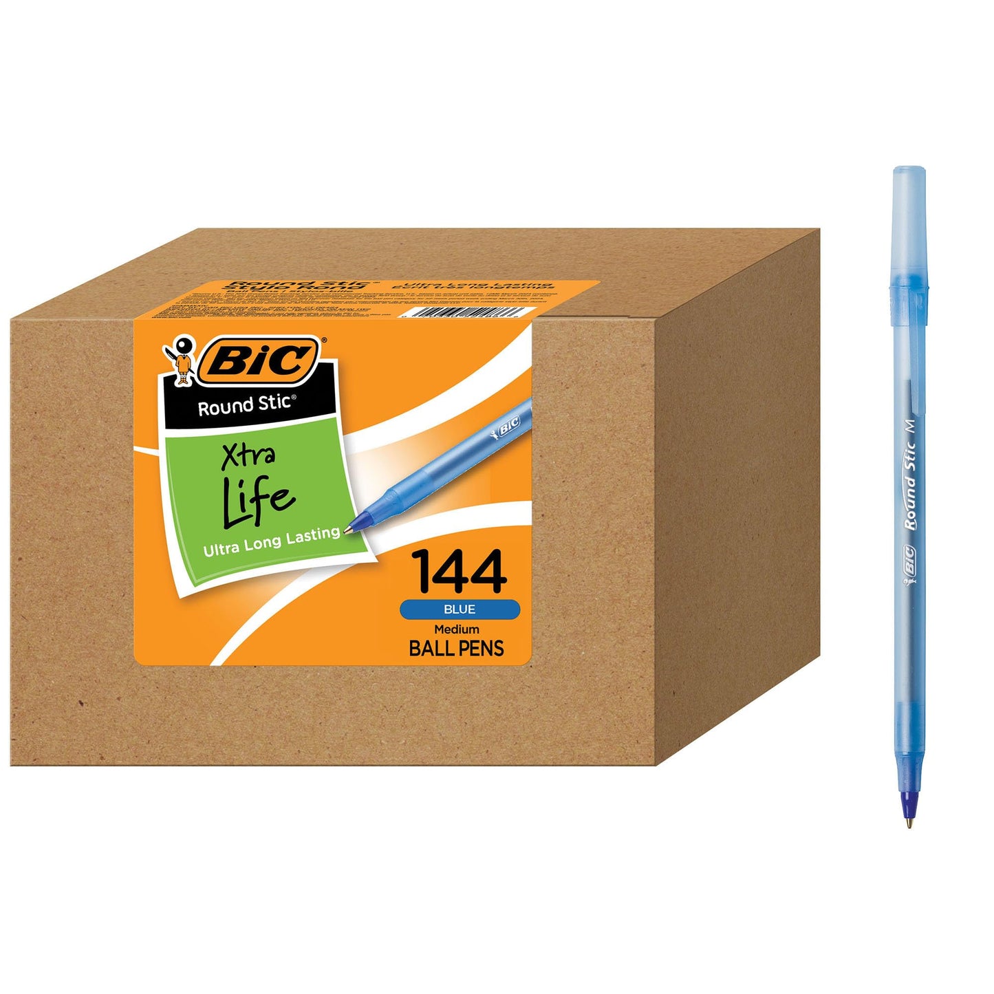 BIC Round Stic Xtra Life Blue Ballpoint Pens, Medium Point (1.0mm), 144-Count Pack of Bulk Pens, Flexible Round Barrel for Writing Comfort, No. 1