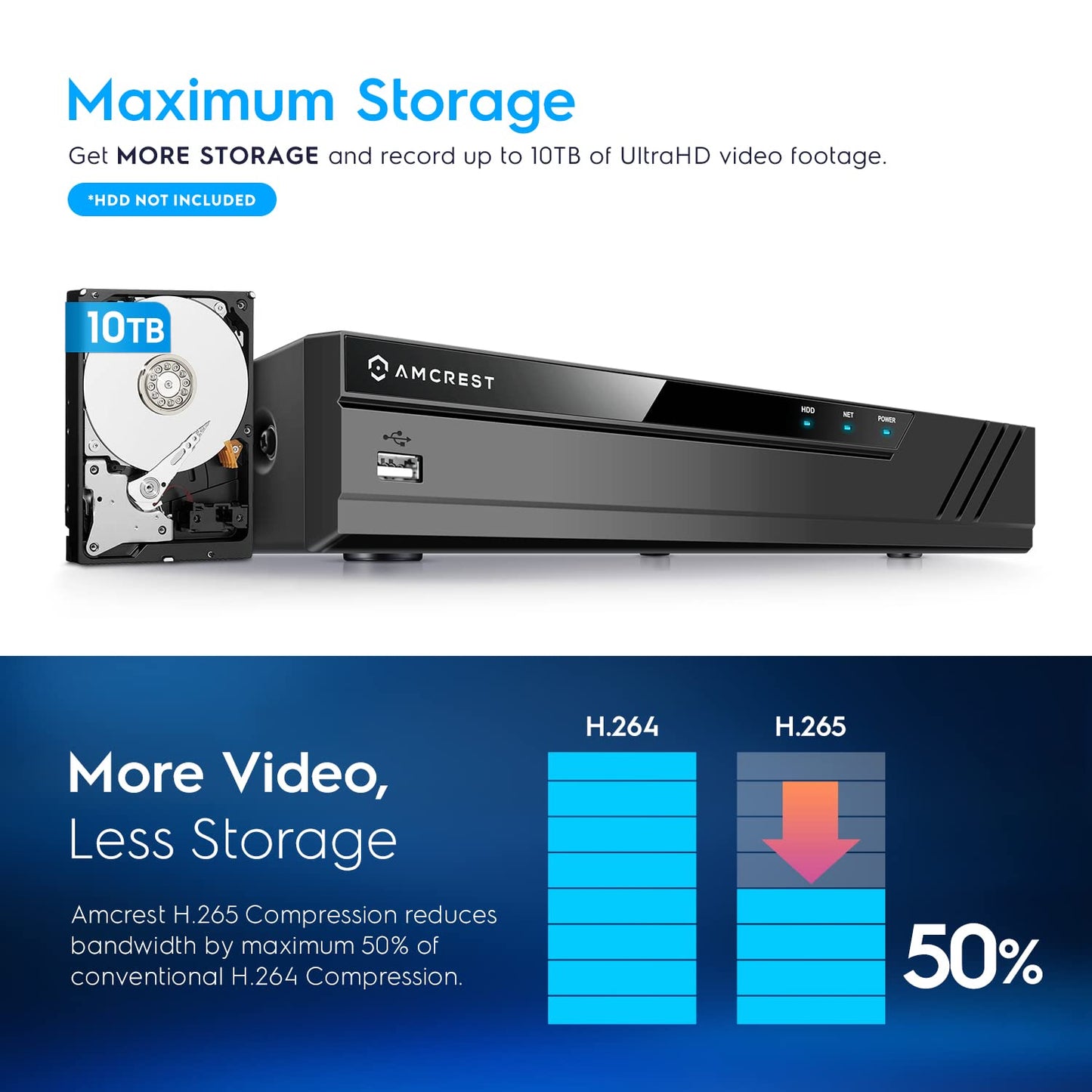 Amcrest 4K 16CH 8 Port PoE NVR (1080p/3MP/4MP/5MP/8MP) Network Video Recorder, 16CH (8-Port PoE) NVR - Supports up to 16 x 8-Megapixel IP Cameras