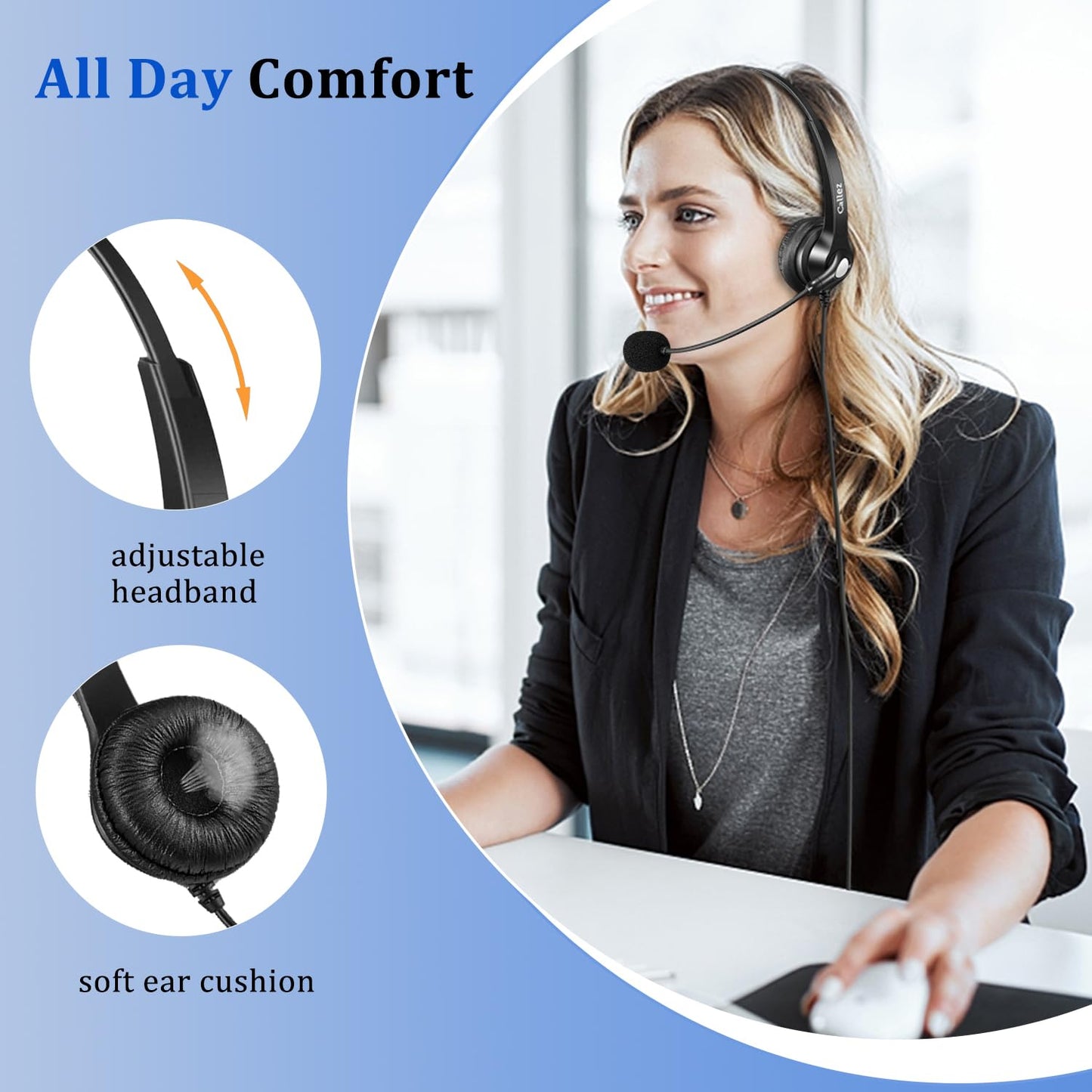 Callez RJ9 Phone Headset with Microphone Noise Cancelling Office Telephone Headsets Compatible with Polycom VVX411 VVX311 VVX410 VVX500 Avaya 1416