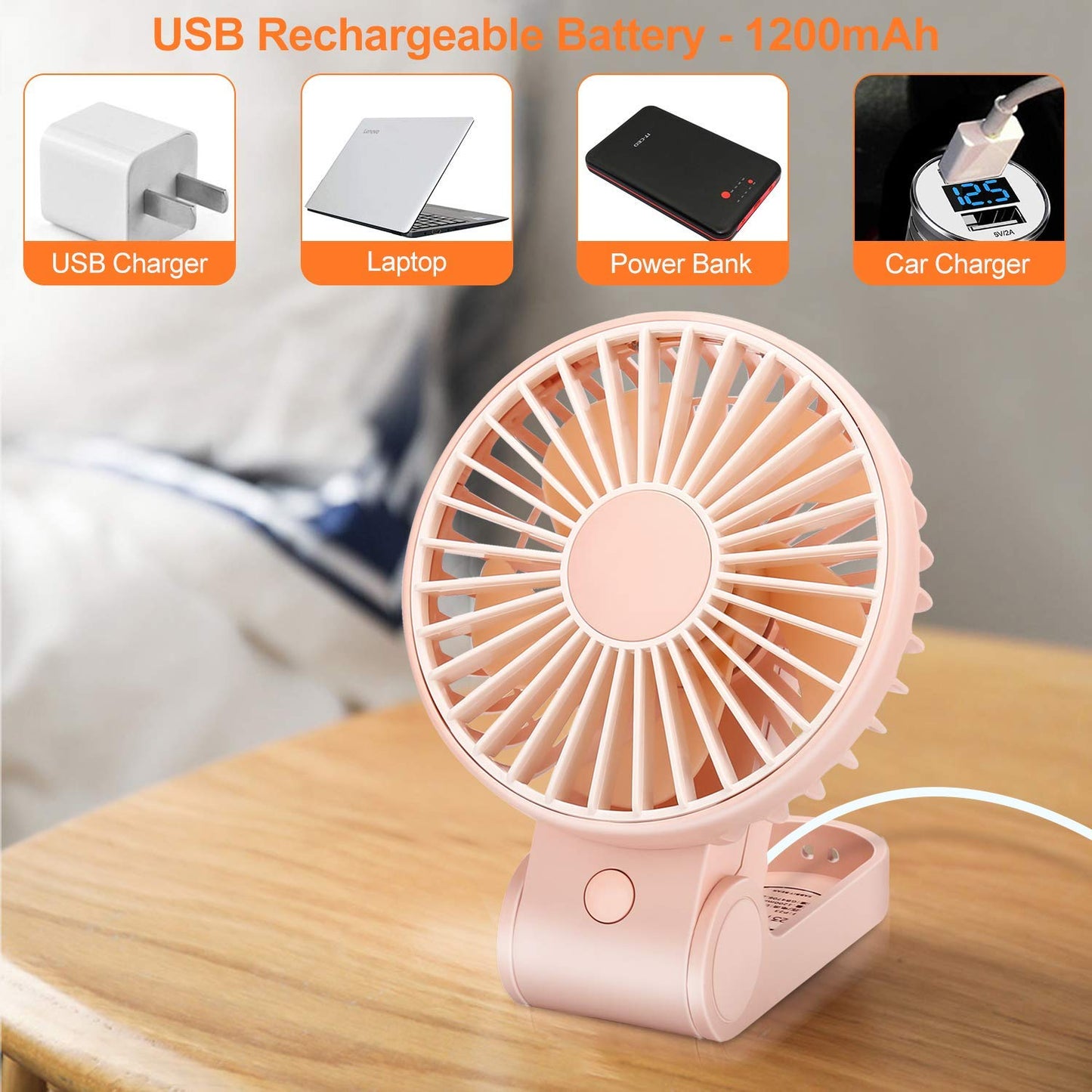 TriPole Mini Handheld Fan USB Portable Fans Rechargeable Battery Operated Foldable Desk Fan 3 Speed Hanging Personal Fan for Home Office Indoor Use