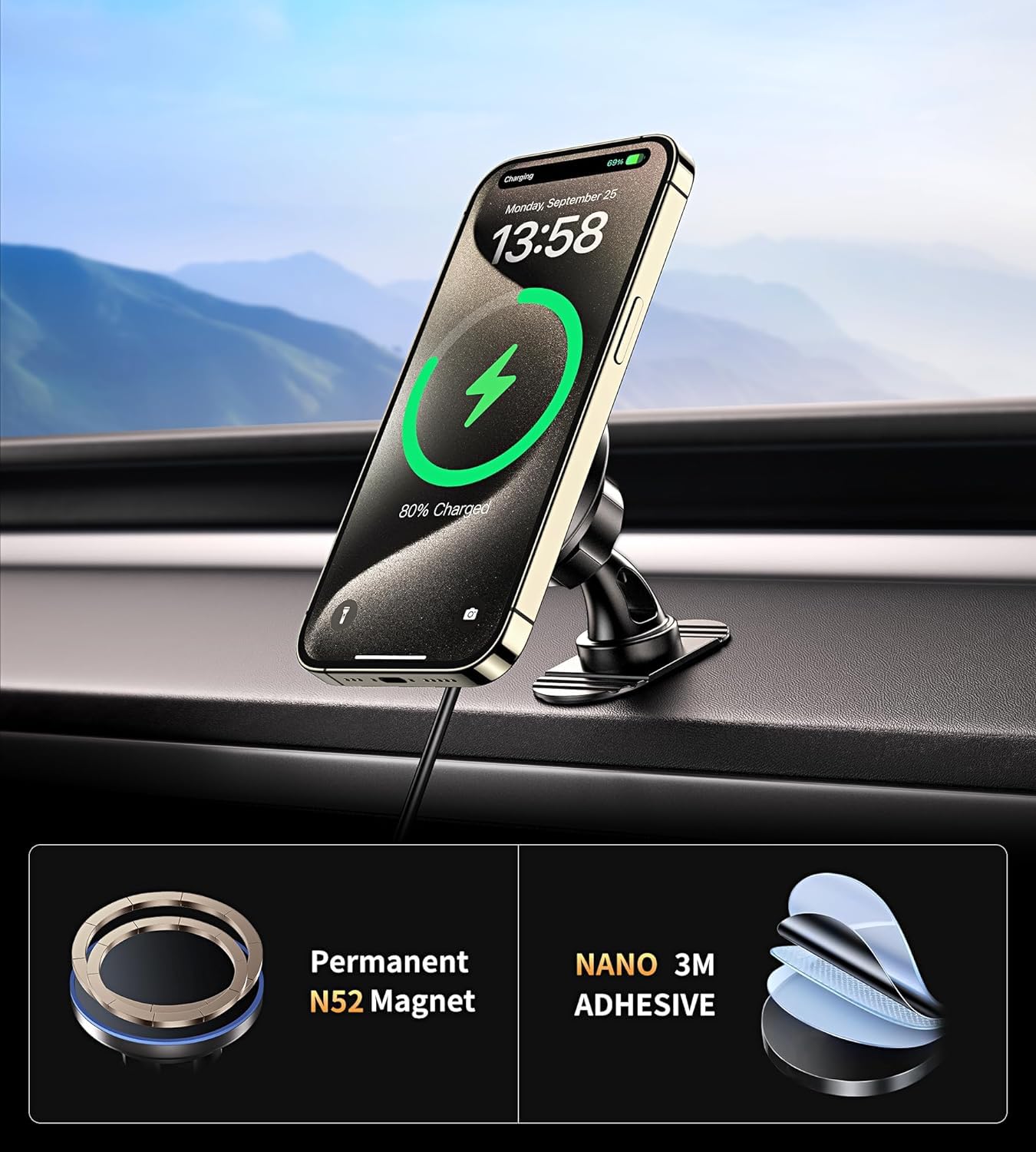 BHHB for Magsafe Car Mount Charger, [2026 Upgrade] 15W 2in1 Magnetic Wireless Car Charger, for Magsafe Car Charger, Vent/Dashboard Phone Holder, ONLY