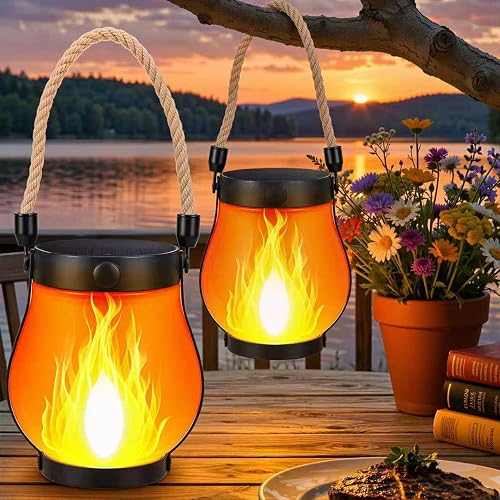 2 Pack Solar Flame Lantern Lights - Flickering Flame Hanging Lanterns Outdoor, Waterproof Garden Lights with 2 Modes Dual Charging USB & Solar Yard
