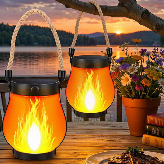 2 Pack Solar Flame Lantern Lights - Flickering Flame Hanging Lanterns Outdoor, Waterproof Garden Lights with 2 Modes Dual Charging USB & Solar Yard
