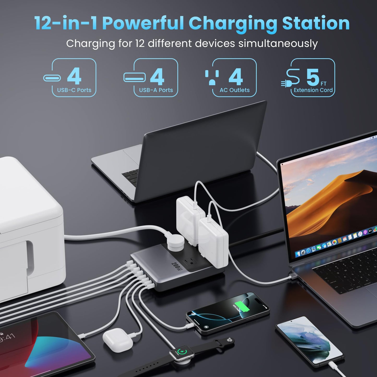 12-in-1 Charging Station USB C Power Strip with 5ft Cord and Plug,200W GaN IV USB C Charger Block,4 AC Outlets,8 USB for MacBook,iPhone 17/16/15,Fast