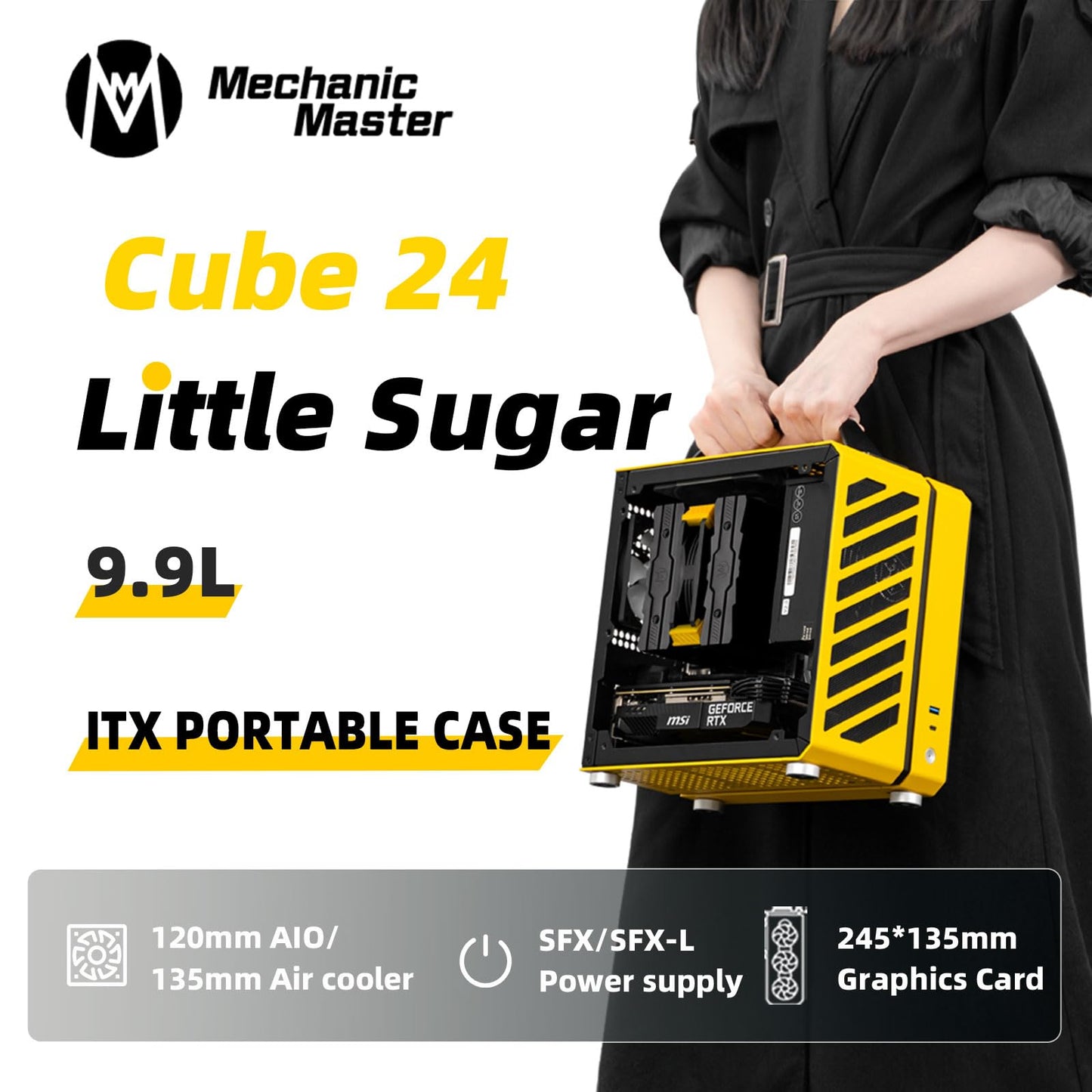 Mechanic Master Cool Cube Series C24 Mini-ITX Case/Alumium/Steel/GPU Length Within 245mm, SFX/L PSU Computer Case (Polar Yellow Air Version)