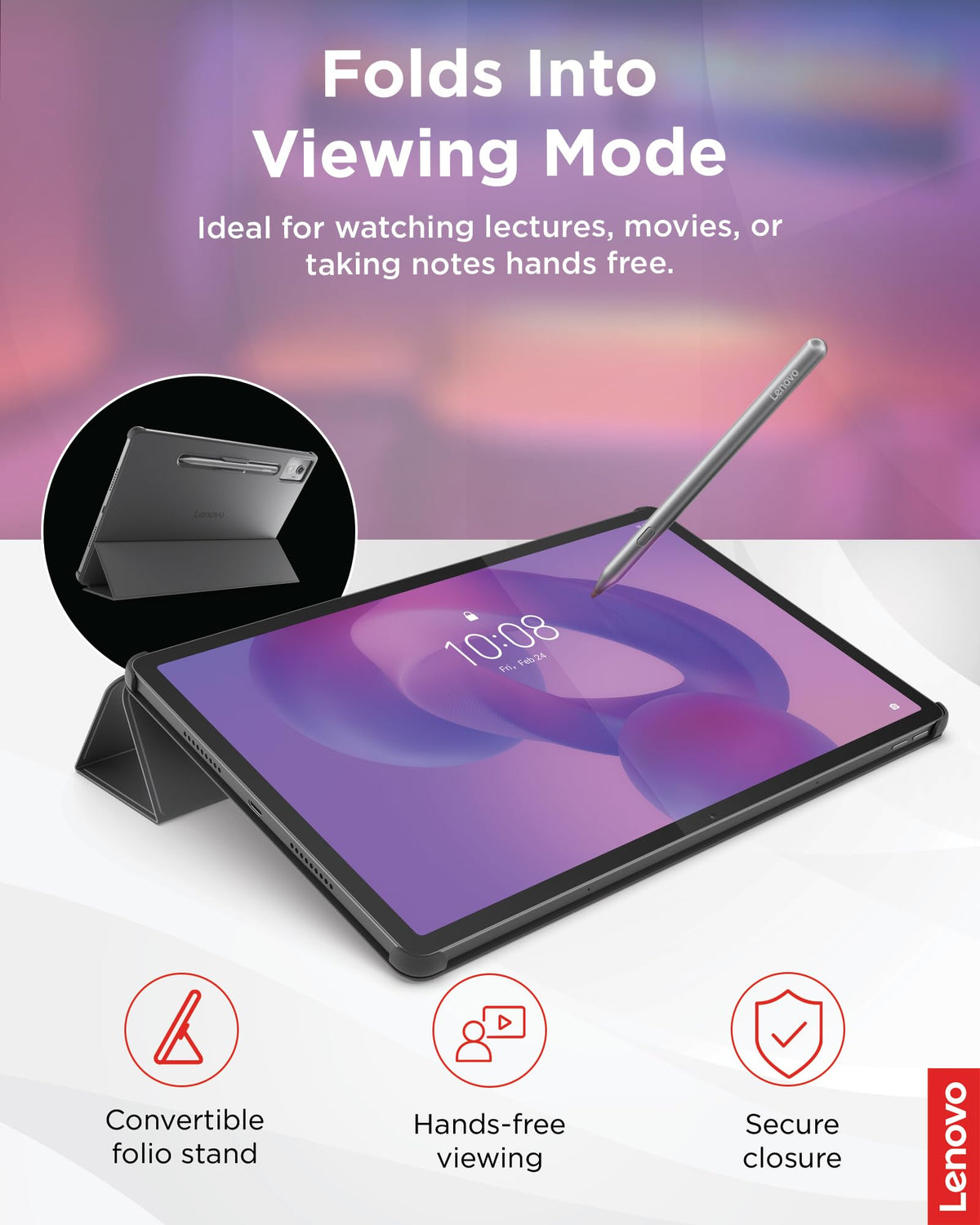 Lenovo Folio Case for Idea Tab Pro, Protective Tablet Cover with Built in Pen Holder, Sleep/Wake Function & Convertible Stand, PU Leather Case, Luna