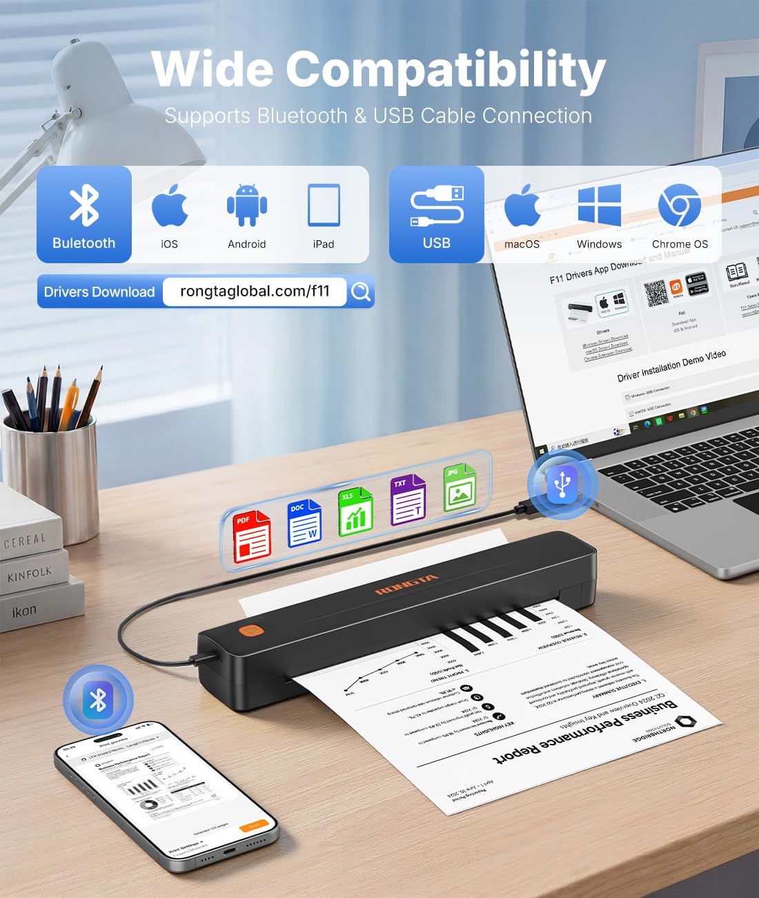 Rongta Thermal Portable Printers Wireless for Travel, Bluetooth Mobile Printer, Inkless Printer for School/Office/Home Use, Compatible