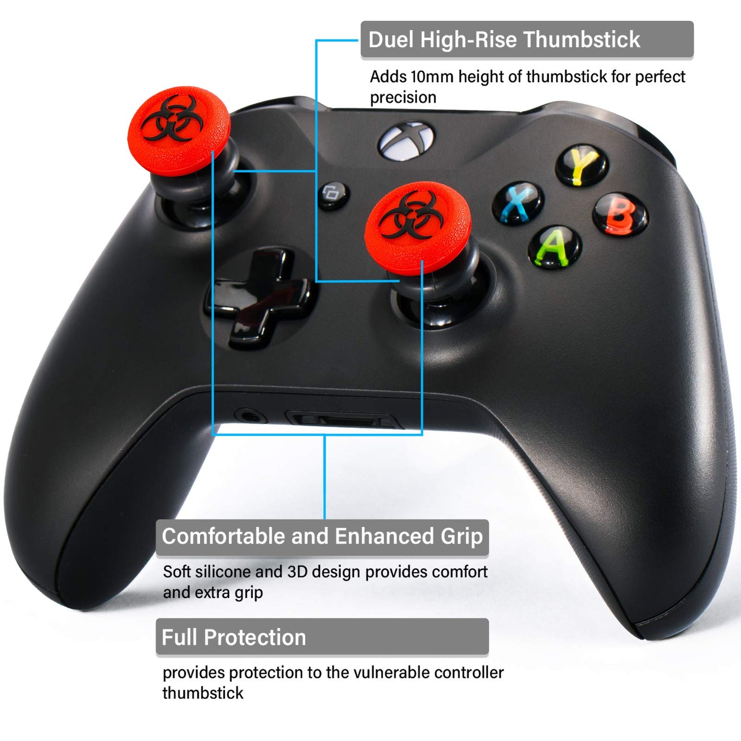 Playrealm FPS Thumbstick Extender x 2 & Printing Rubber Silicone Grip Cover x 4 for Xbox Series X/S & Xbox One Controller(Radiation Black & BioH Red)