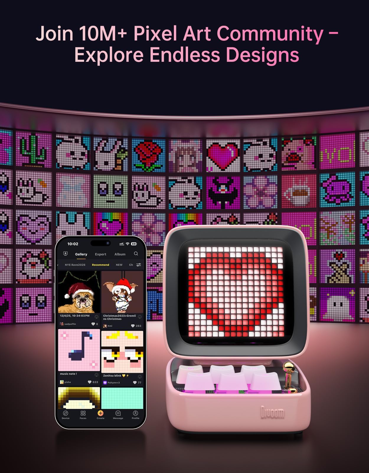 Divoom Ditoo Retro Pixel Art Game Bluetooth Speaker with 16X16 LED App Controlled Front Screen (Pink)