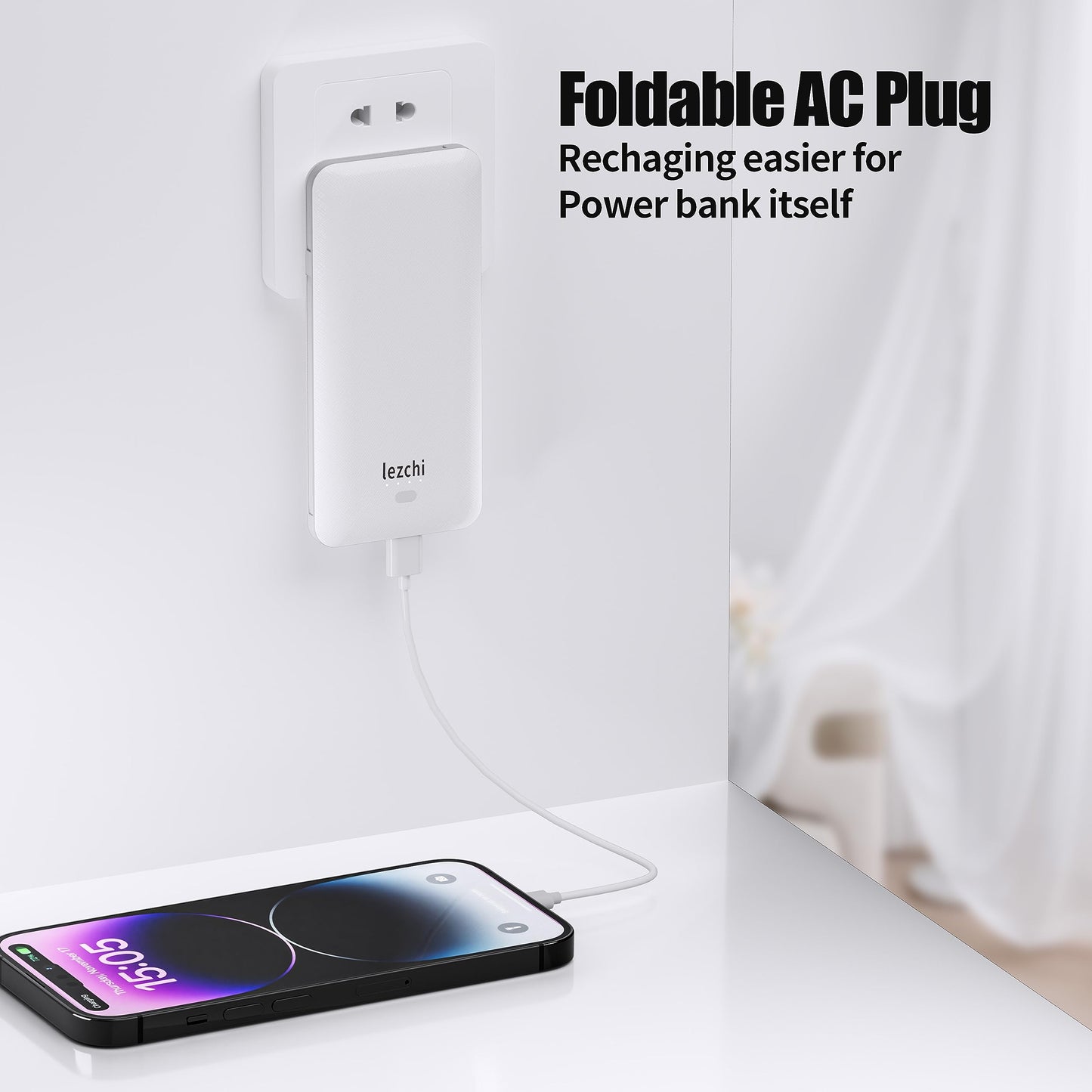 lezchi Portable Power Bank, Ultra Slim 10000mAh Portable Charger, USB C External Battery Pack with Built-in AC Plug, Charging Cable, Output Port
