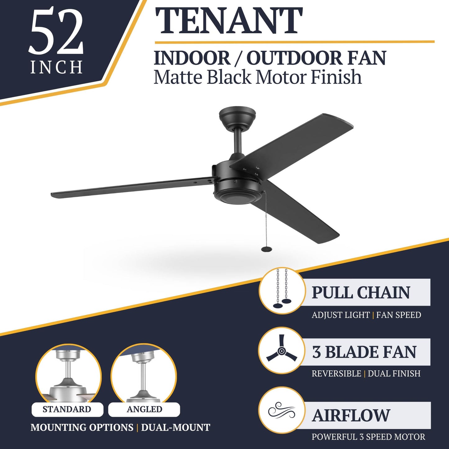 Prominence Home Tenant, 52 Inch Contemporary Indoor Outdoor LED Ceiling Fan, No Light, Pull Chain, Dual Mounting Options, 3 Dual Finish Blades