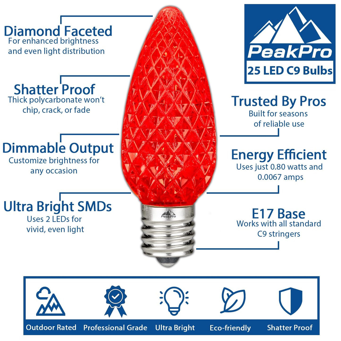 Novelty Lights 25PK C9 LED Faceted Dimmable Christmas Bulbs, E17 Base