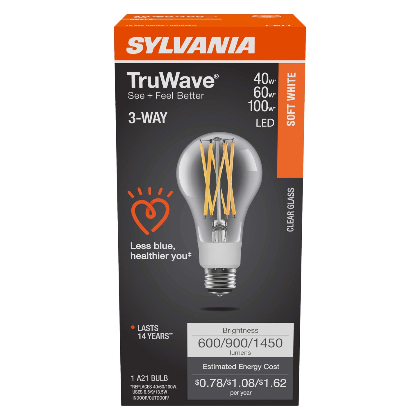 Sylvania LED TruWave Natural Series 3-Way A21 Light Bulb, 40/60/100W Equivalent Efficient 6.5/9/13.5W, Medium Base, Clear, 2700K, Soft White - 1 Pack