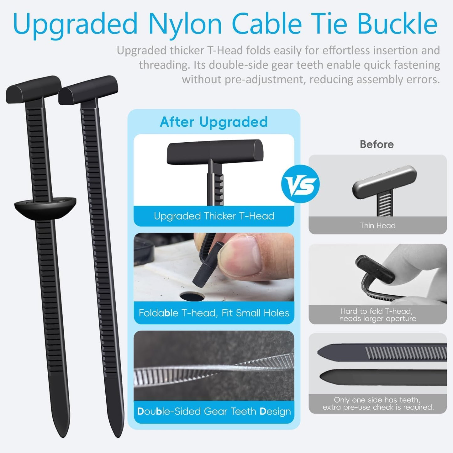Upgraded Nylon Universal Cable Tie Buckles for Car, Heavy Duty T Rivet Zip Ties, Double-Side Self-Locking Automotive Zipper Clips for Fender Trunk