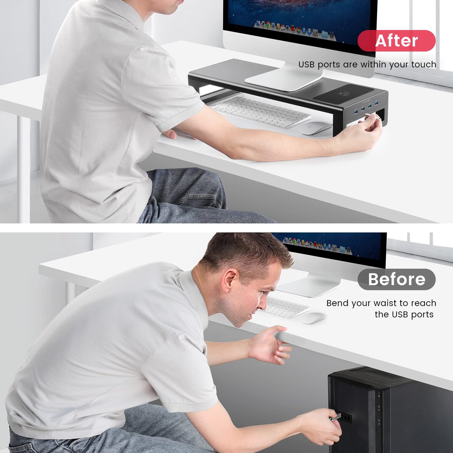 Vaydeer Wireless Charging and USB 3.0 Monitor Stand, Monitor Riser for Desk with Storage, Single Shelf Holder Raiser Organizer for Computer iMac