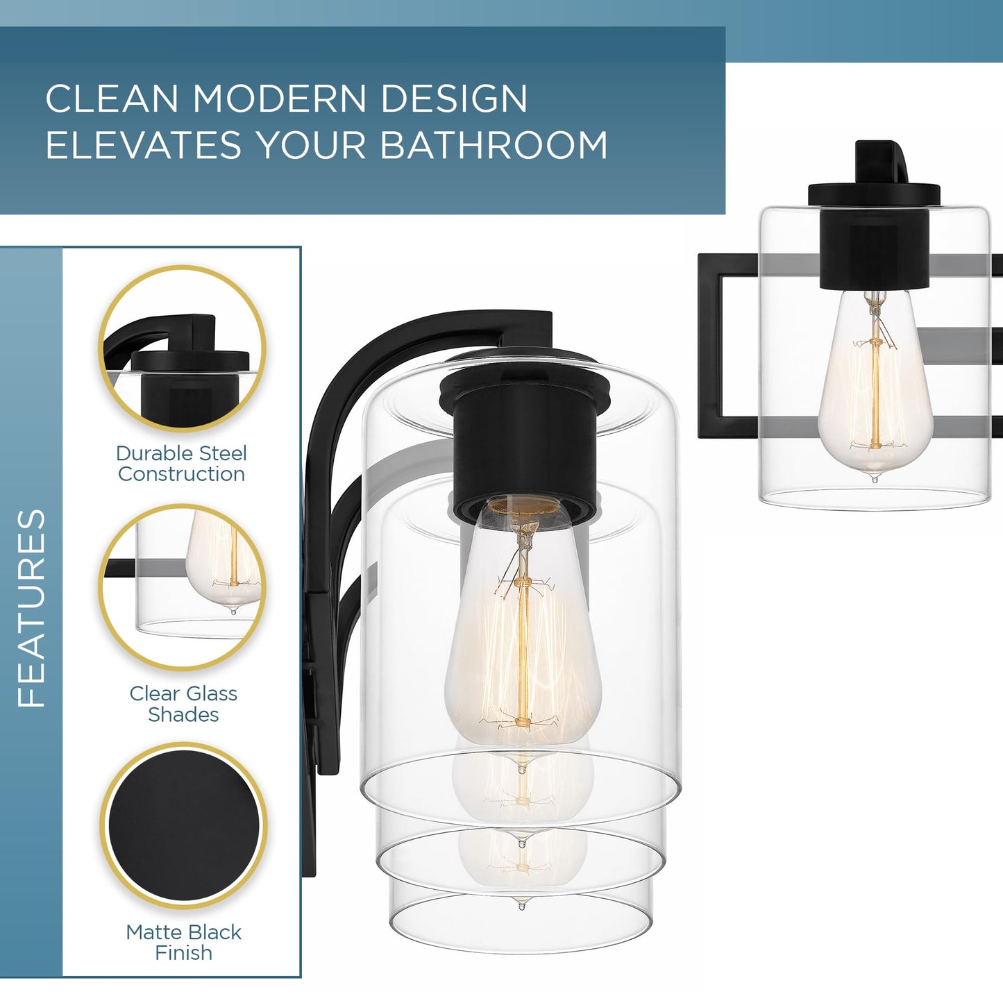 Quoizel Lansdowne Modern Bath Vanity Lights, 24 Inch 3-Light Matte Black Lighting Fixtures Over Mirror, Clear Glass Shade, 100W, Decorative Wall Light