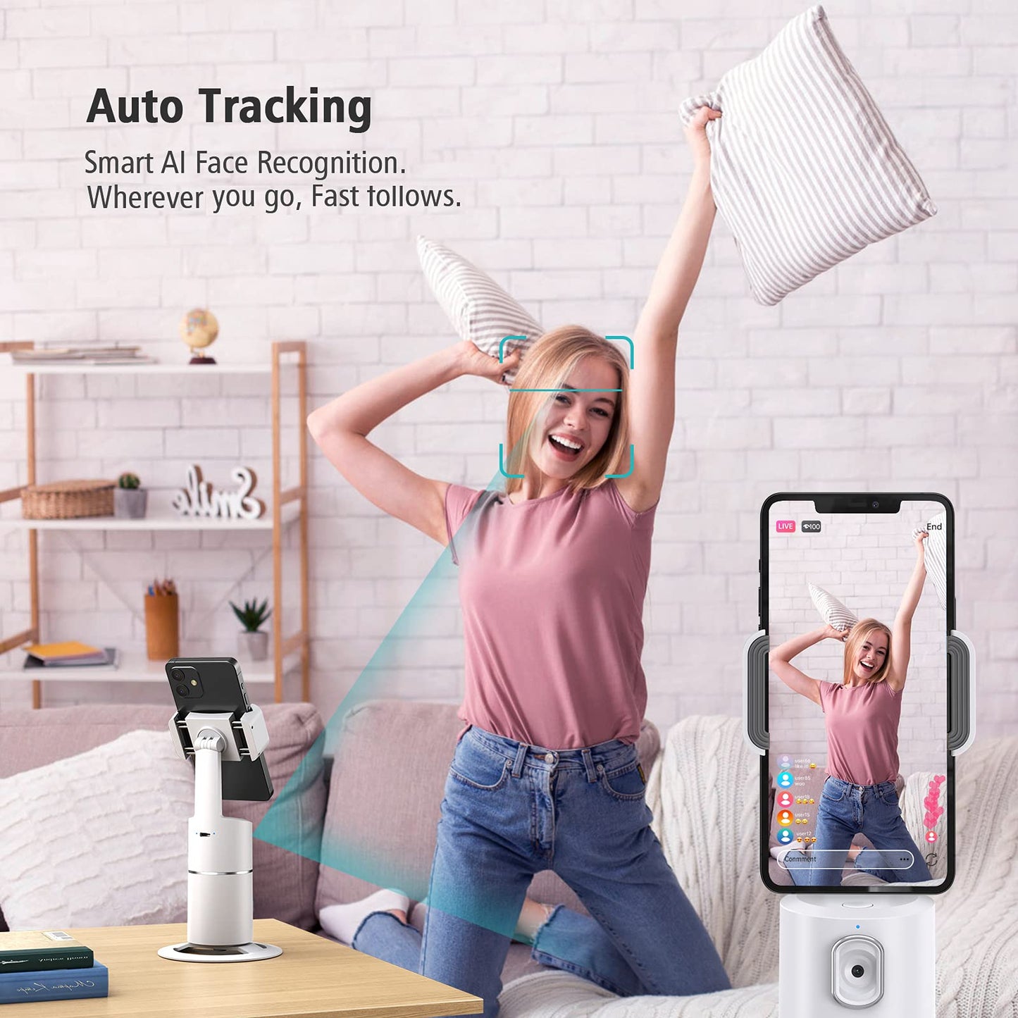 camrola Auto Face Tracking Phone Holder, No App Required, 360° Rotation Face Body Phone Tracking Tripod Smart Shooting Camera Mount for Live Vlog