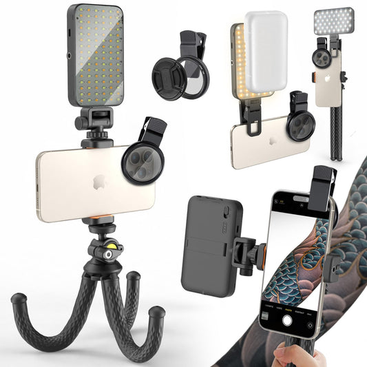 Selfie Tattoo Light Kit,Tattoo Equipment Supplies,Remove Glare LED Tattoo Photography Video Lights with 52mm CPL,Tripod Light,Dual Clips for Video