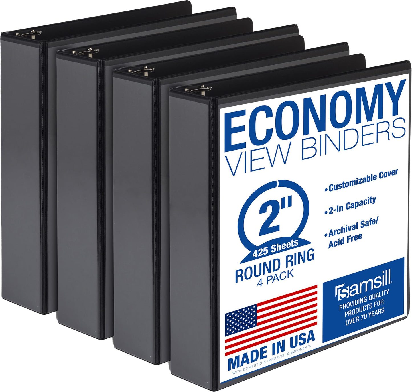 Samsill 2 Inch 3 Ring Binders, Economy Round Ring, Clear View Cover, 425 Sheet Capacity - for School, Home, Office - Black, 4 Pack
