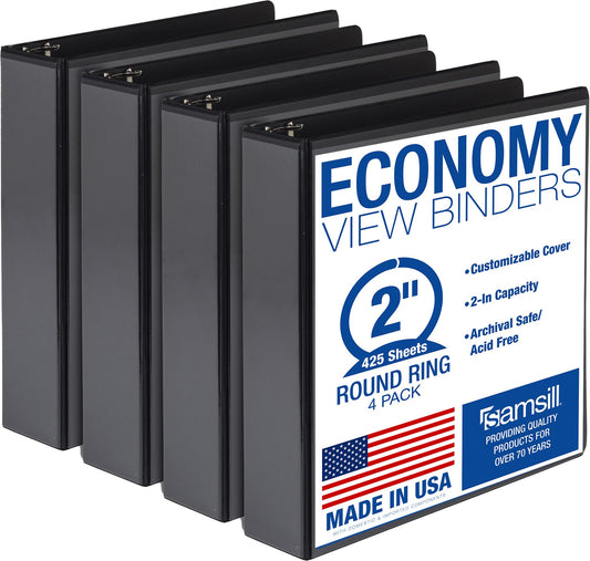 Samsill 2 Inch 3 Ring Binders, Economy Round Ring, Clear View Cover, 425 Sheet Capacity - for School, Home, Office - Black, 4 Pack
