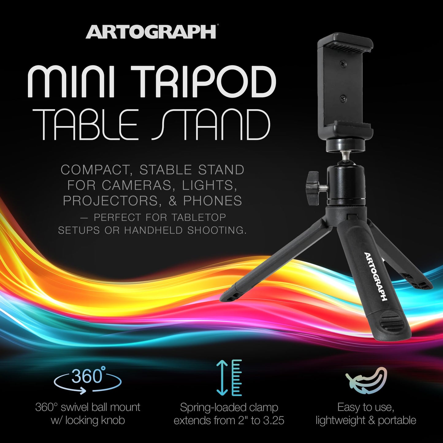 Artograph Mini Tripod Tabletop & Handheld Stand for Digital Projectors & Phones, Lightweight, Portable and Convenient Accessory for Home Photography