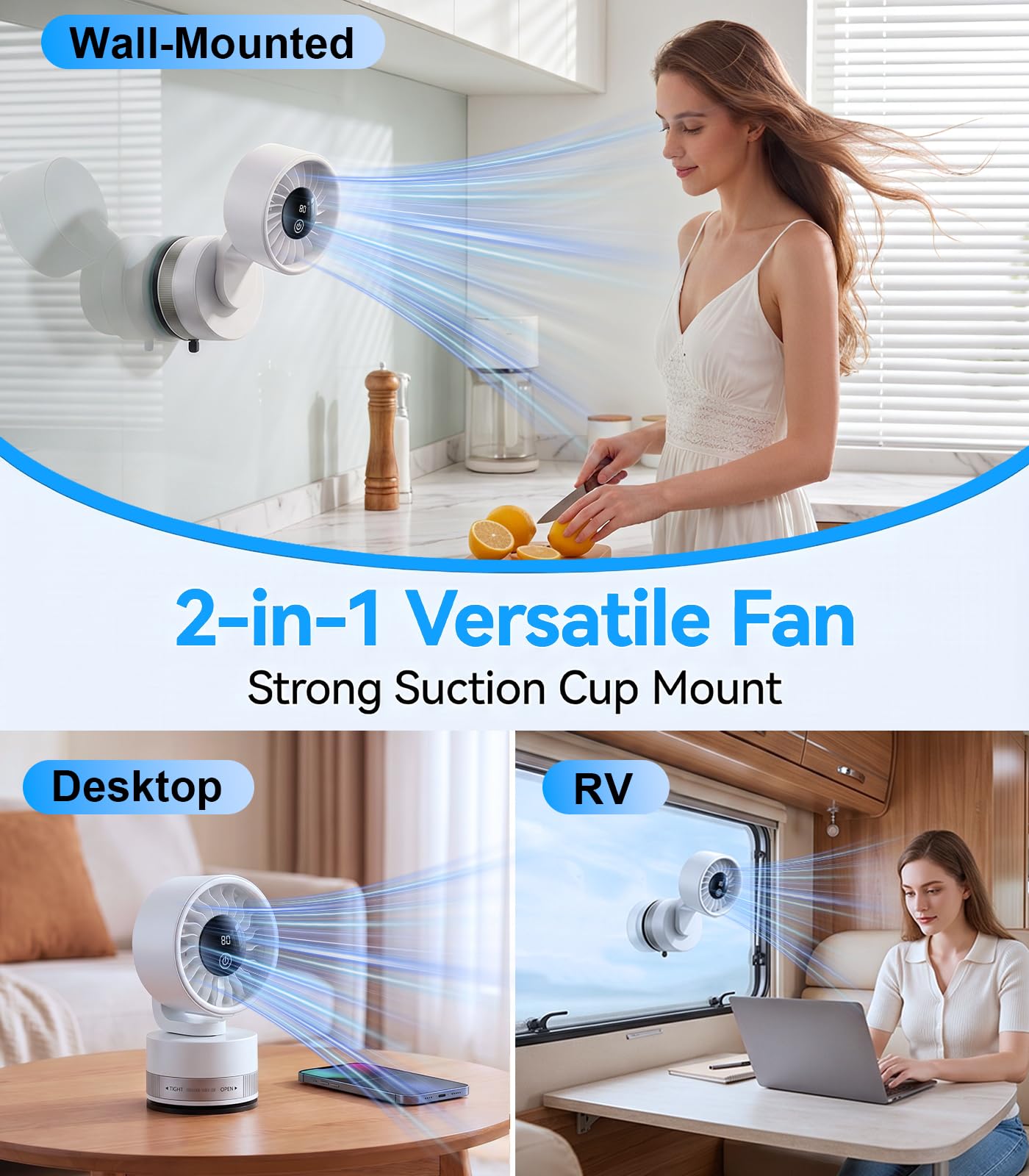 Upgraded Suction Cup Wall Mounted Fan Built-in 4000mAh Battery 5 Speeds
