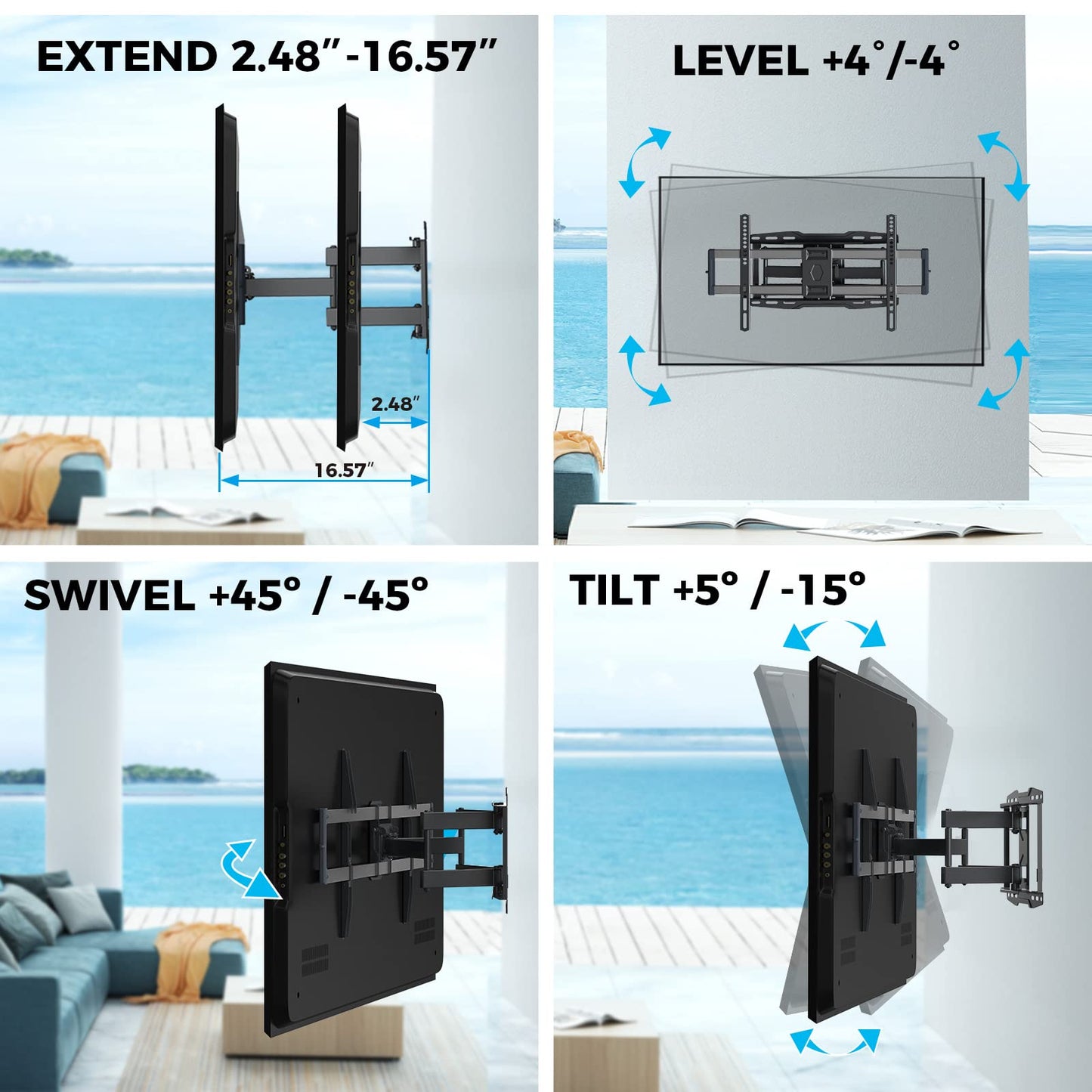 Weatherproof Outdoor TV Mount for 47-90 inch TV, Full Motion TVs Wall Mount TV Bracket with Smooth Swivel Tilt Extension Leveling, Hold Tv up