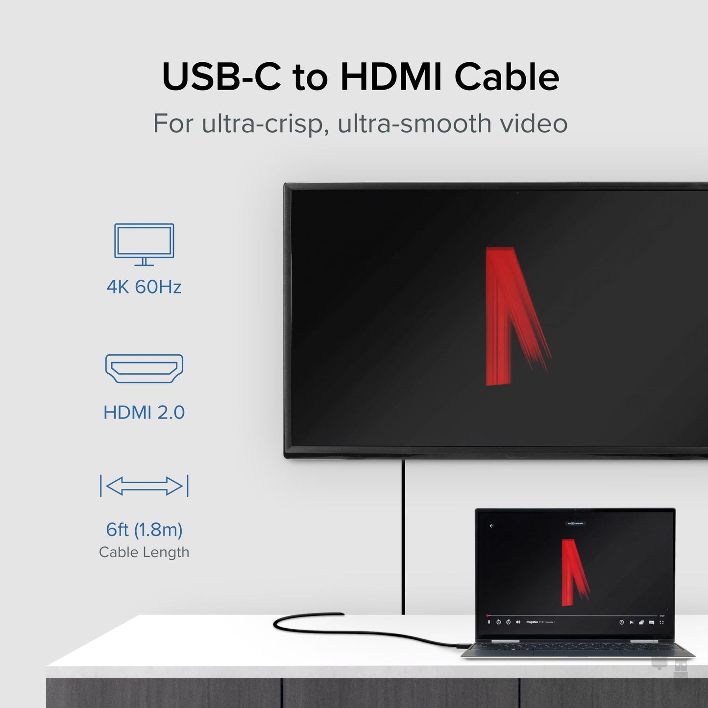 Plugable USB C to HDMI Cable 6ft / 1.8m, HDMI 2.0, USB4 / Thunderbolt Adapter for 4K Monitor, 4K 60Hz (USBC-HDMI-Cable) for iPhone 15, iPad Pro