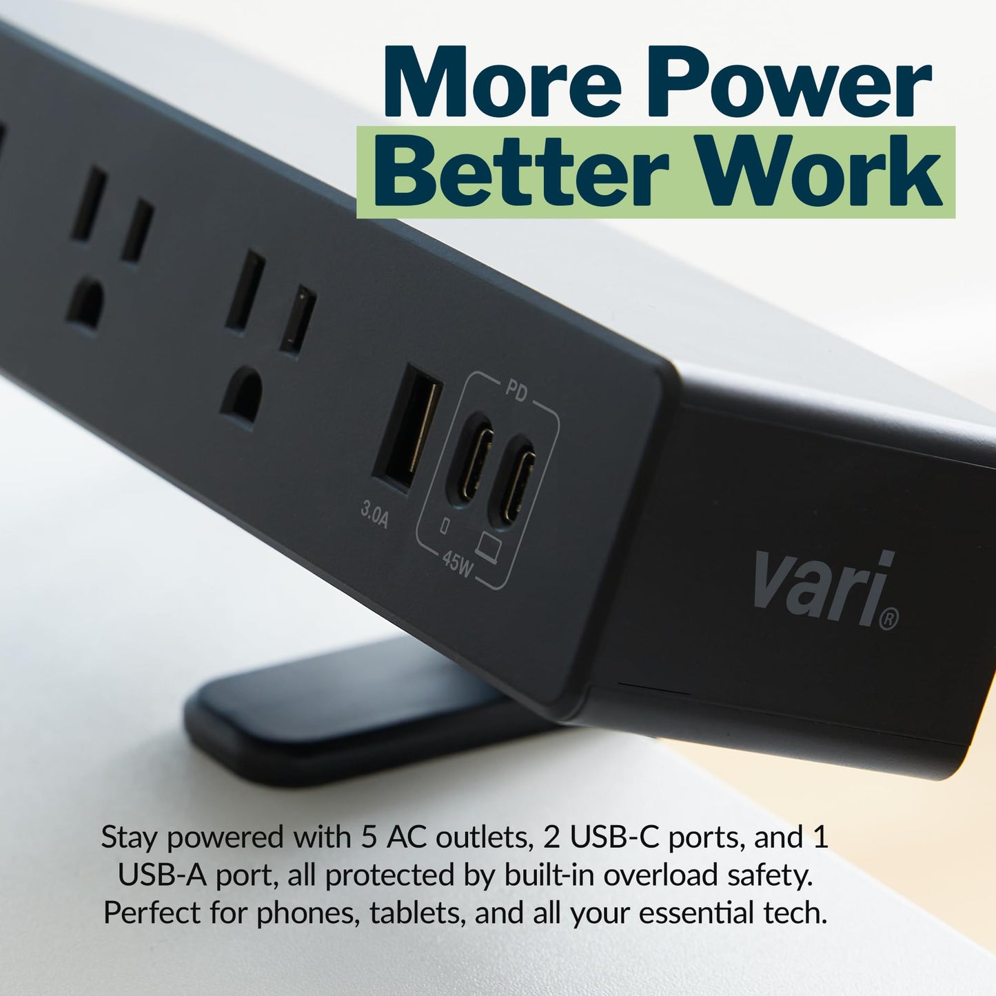 Vari Power Hub 4th Gen - Desk Mount Charging Station with 5 AC Outlets, 2 USB-C Ports, and 1 USB-A Port - Fast 45W Power Delivery, 12’ Cord, Clamp-On