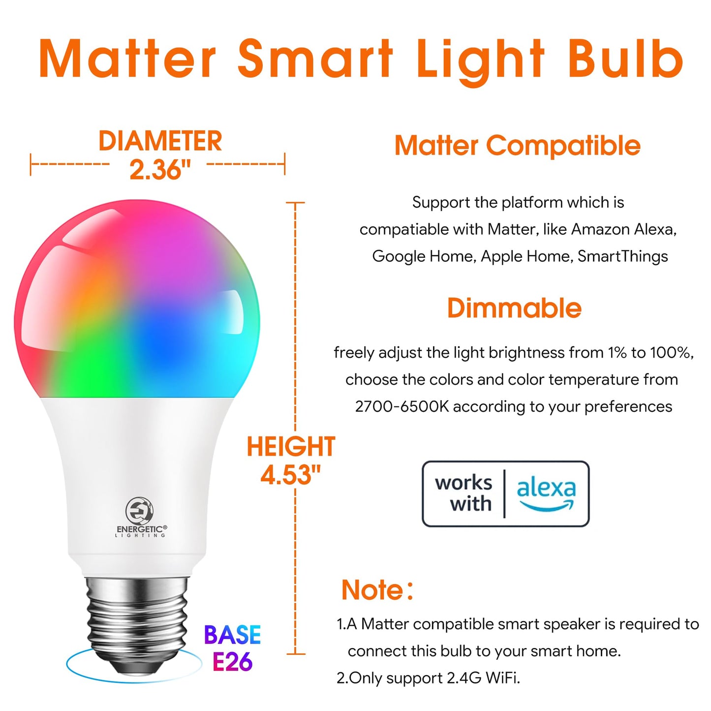 Energetic Light Bulbs Work with Alexa/Apple Home/Google Home/SmartThings, Matter Smart A19 LED Light Bulb, E26 RGB Smart Bulbs, 60W Equivalent, 800LM