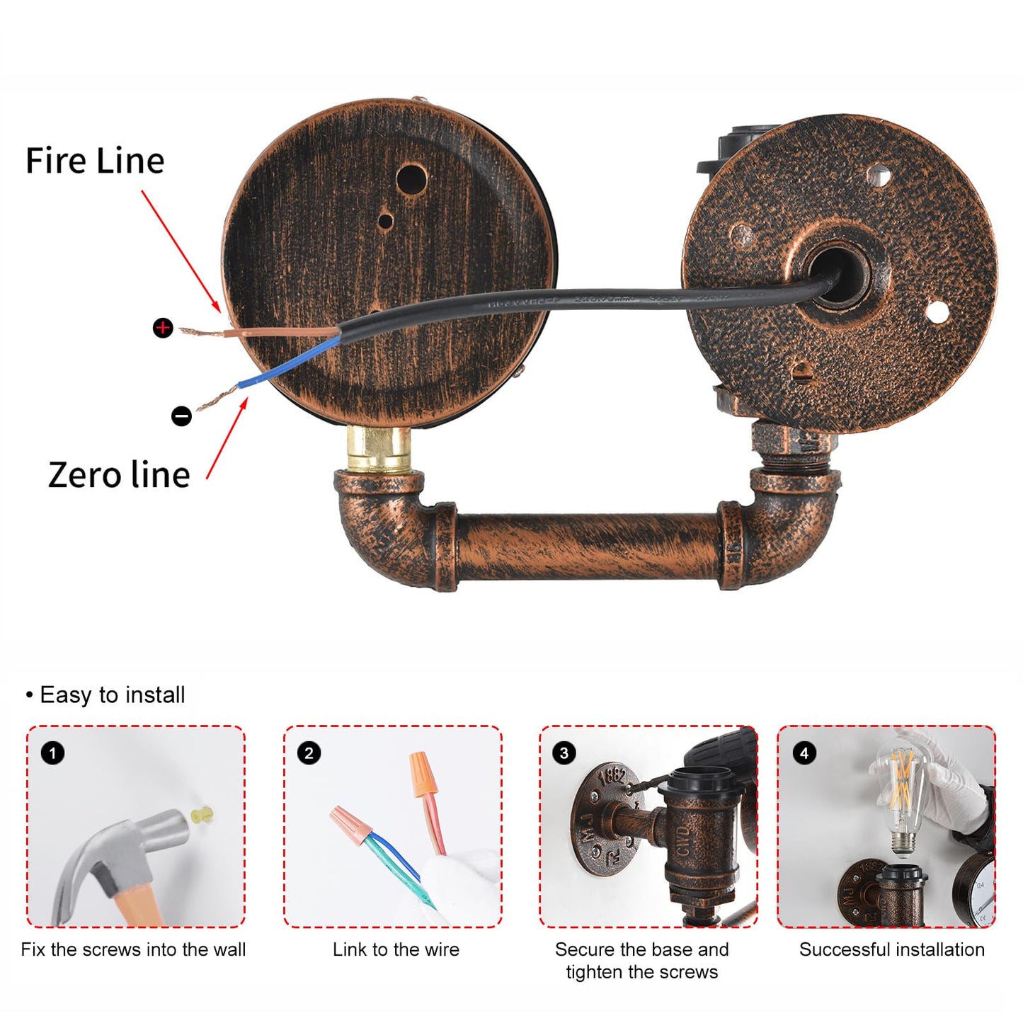 XEYOU Cast Iron Steampunk Wall Sconce Vintage Industrial E26 Edison Bulb Fixture Retro Pipe Wall Lamp for Cafe Bar Restaurant Bedroom Living Room