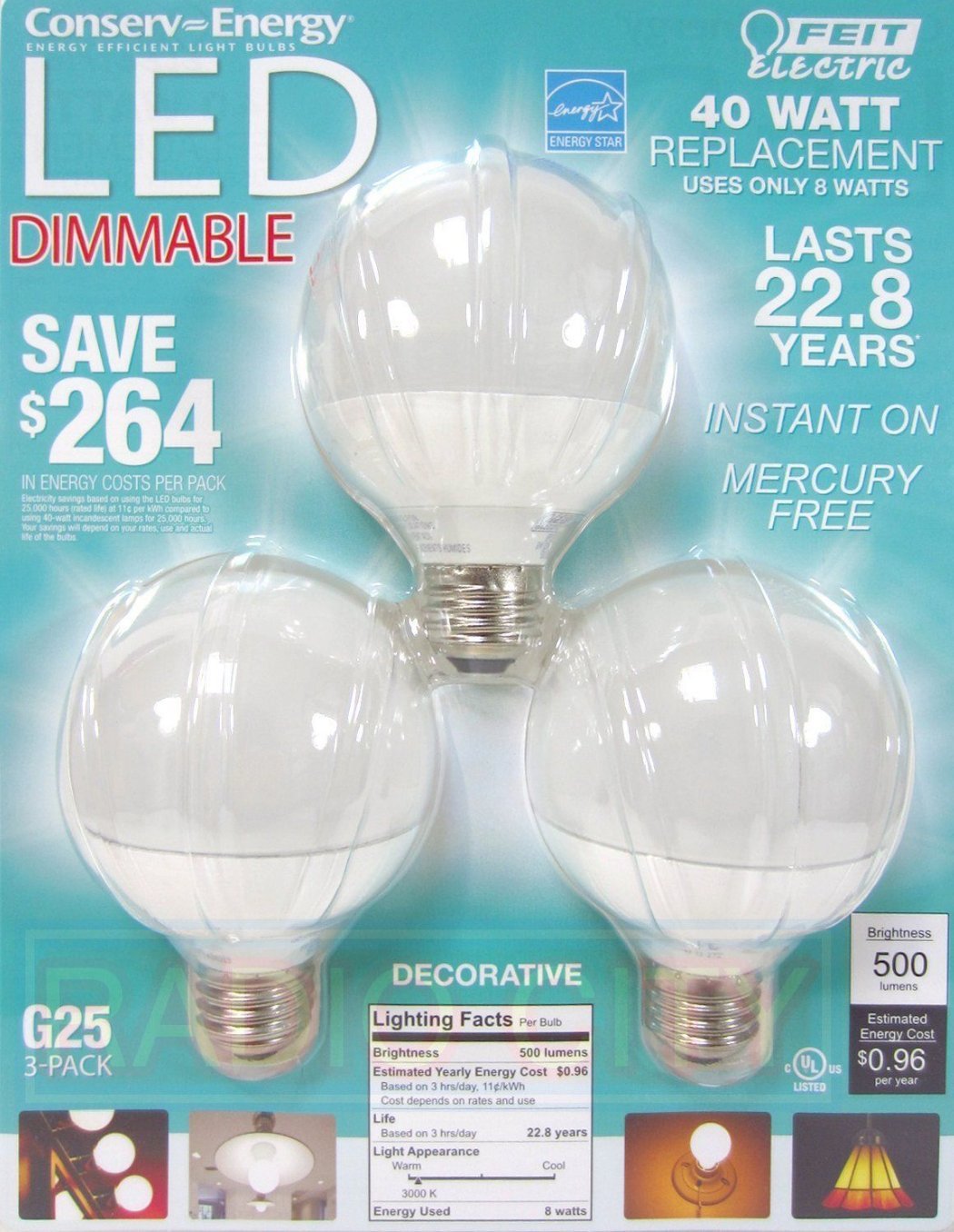 Feit Electric BPCEG25 Dimmable G25 Decorative Bulb, 11.1 x 8.7 x 3-Inches, White, Pack of 3