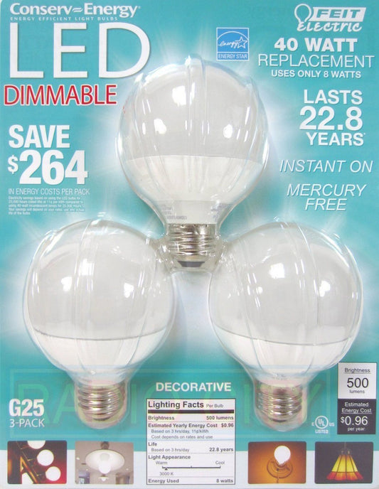 Feit Electric BPCEG25 Dimmable G25 Decorative Bulb, 11.1 x 8.7 x 3-Inches, White, Pack of 3