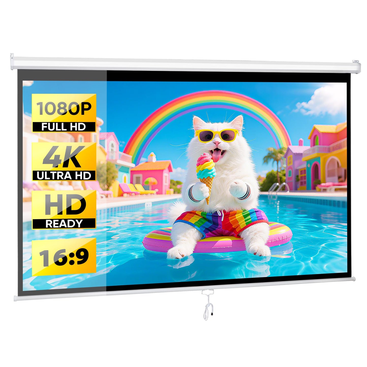 Epetlover 100 Inch 16:9 HD Projection Screen Manual Pull Down Indoor Outdoor Movie Screen, Wrinkle-Free Portable Projector Screen for Home Cinema