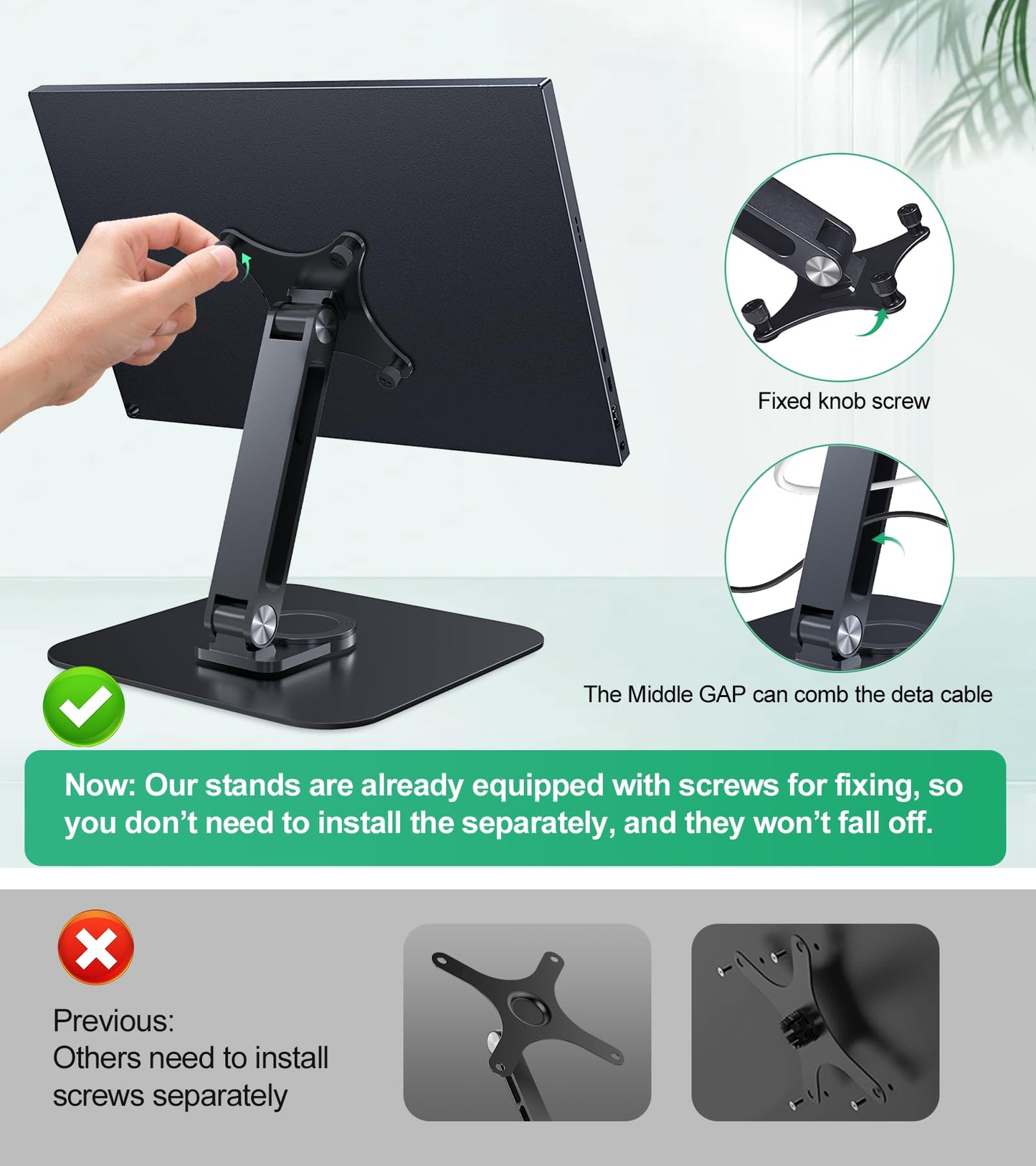 Forzola Portable Monitor Stand VESA 75x75mm Holes M4 Anti-loss Screws, Aluminum Alloy Base, Fits 7" to 18.5" Inch Small Monitors, Black Desk Mount