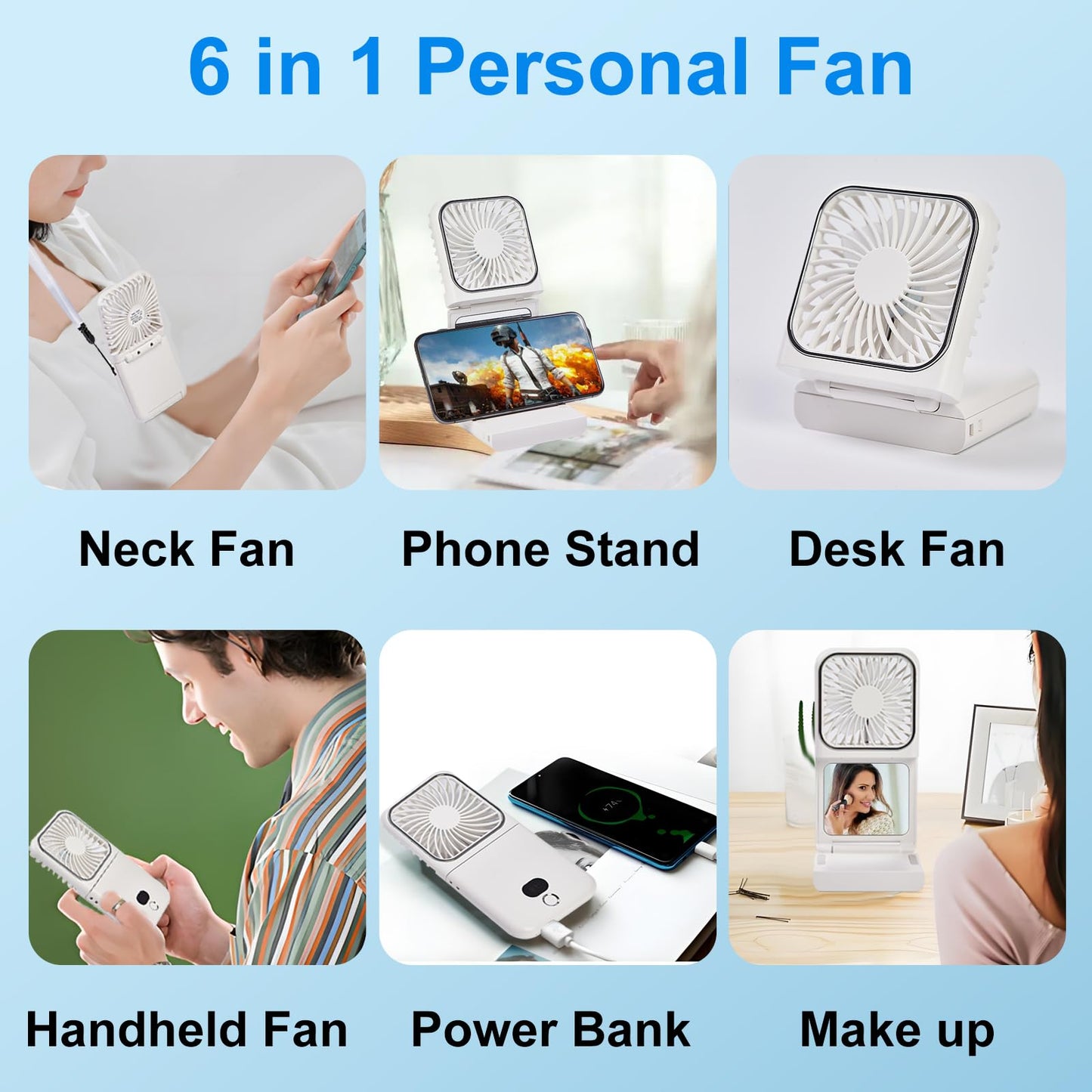 Portable Neck Fan with Mirror, Foldable Hands Free Personal Fan, USB Rechargeable Wearable Fan with Power Bank, Digital Display, Mini Desk Fan
