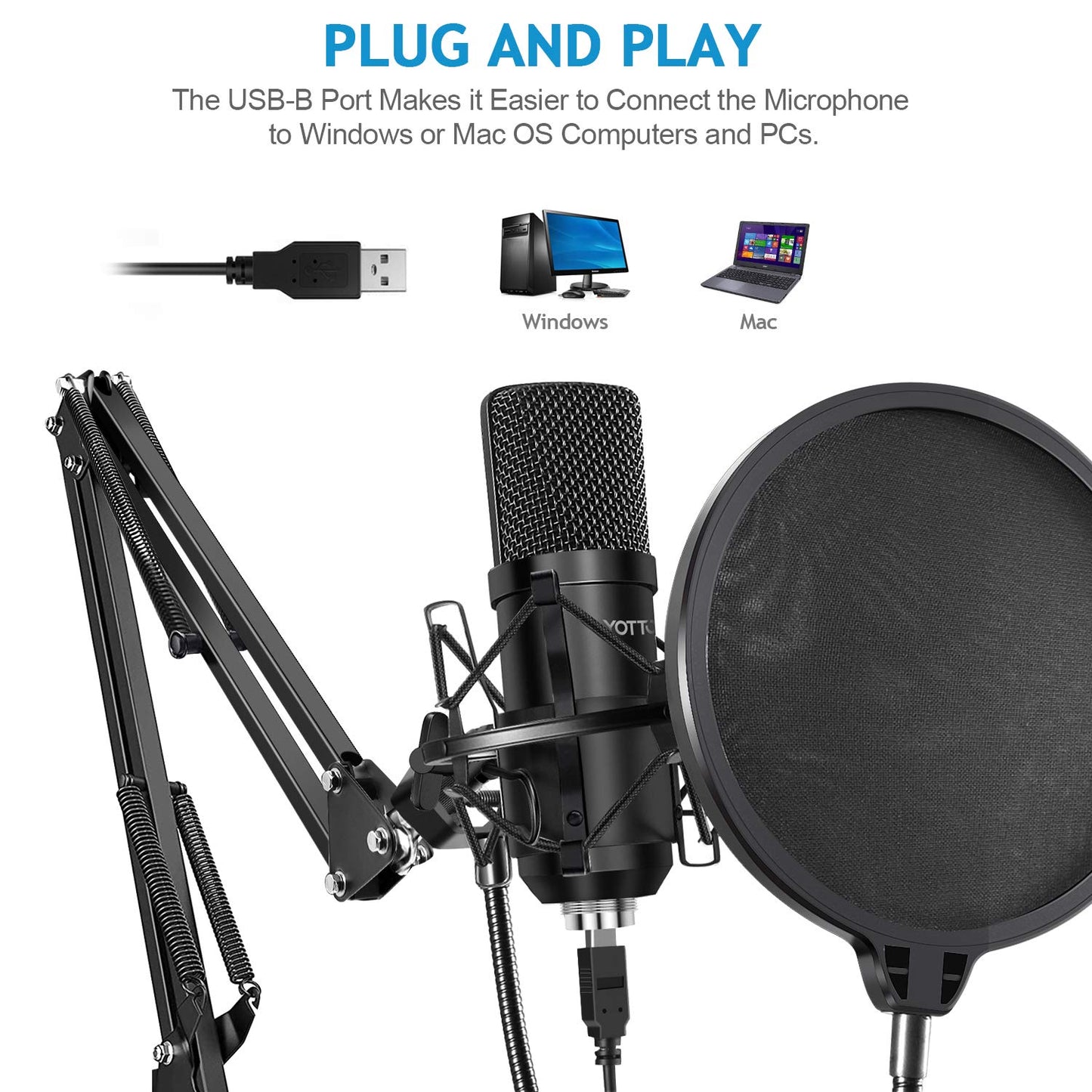YOTTO USB Microphone Kit 192KHZ/24BIT Plug & Play Computer PC Microphone Studio Streaming Cardioid Mic with Boom Arm Shock Mount Pop Filter for