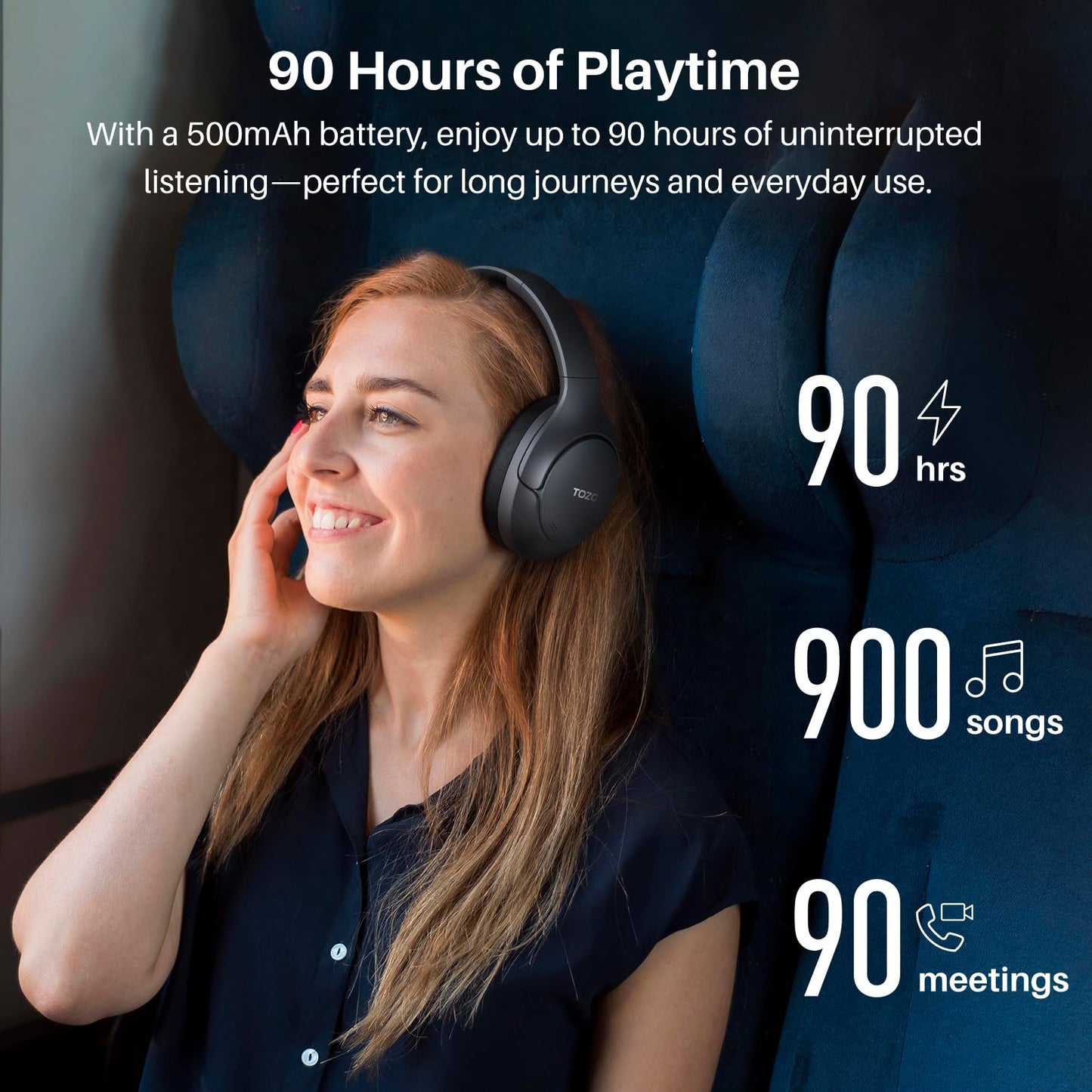 TOZO HT3 Hybrid Noise Cancelling Wireless Headphones, 90H Over Ear Headset