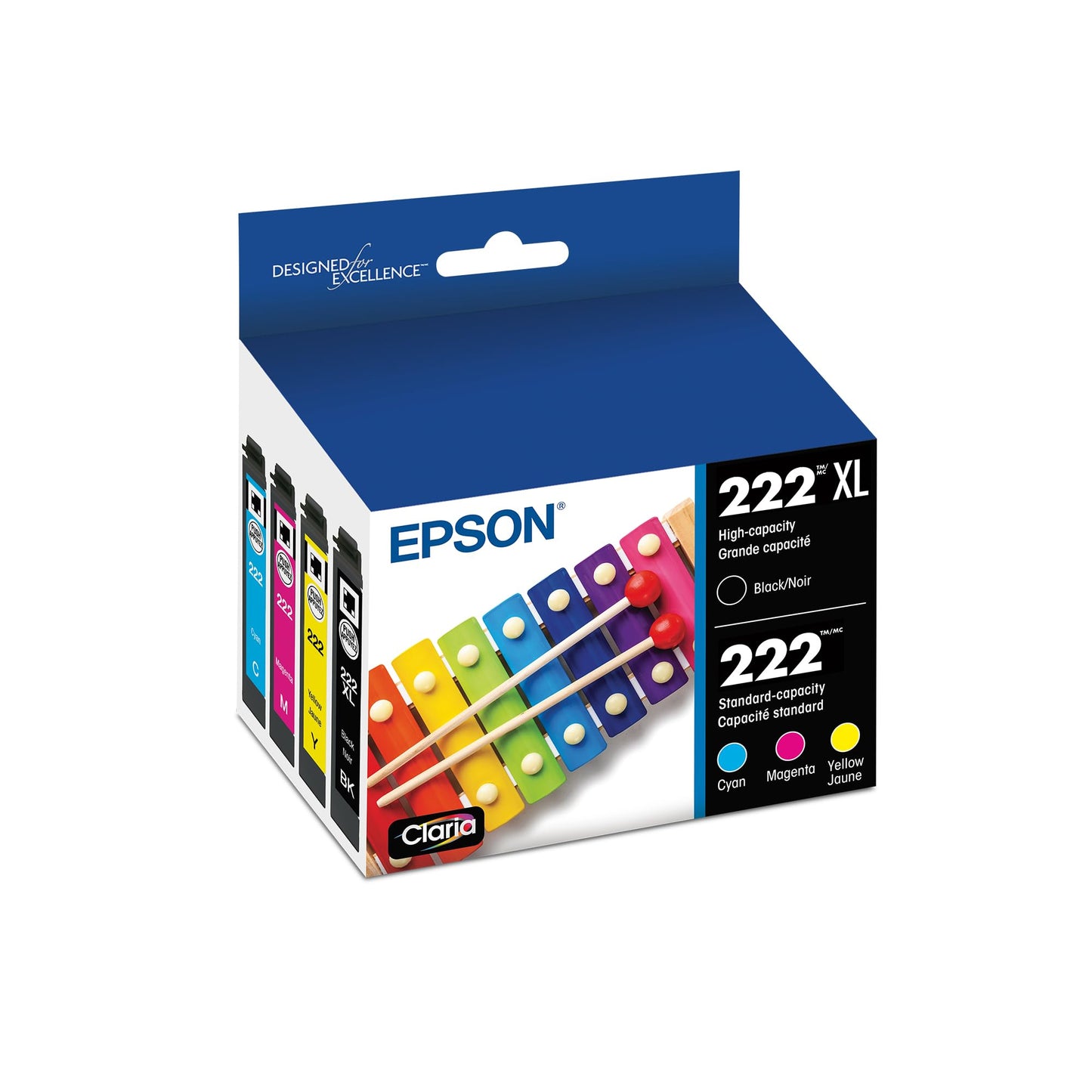 EPSON 222 Claria Ink High Capacity Black & Standard Color (Cyan/Magenta/Yellow) Cartridge Combo Pack (T222XL-BCS) Works with WorkForce WF-2960