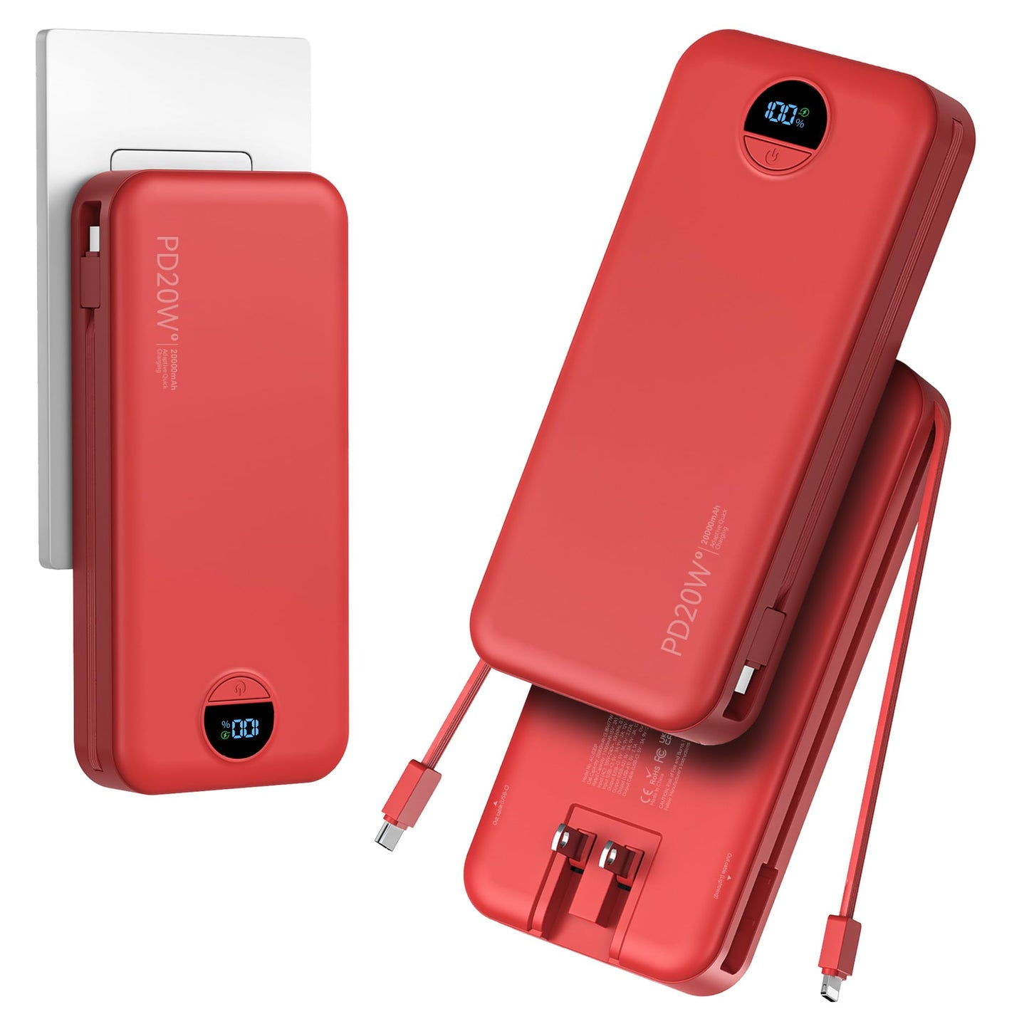 20000mAh Ultra Portable Charger Power Bank with inBuilt Cables&AC Wall Plug