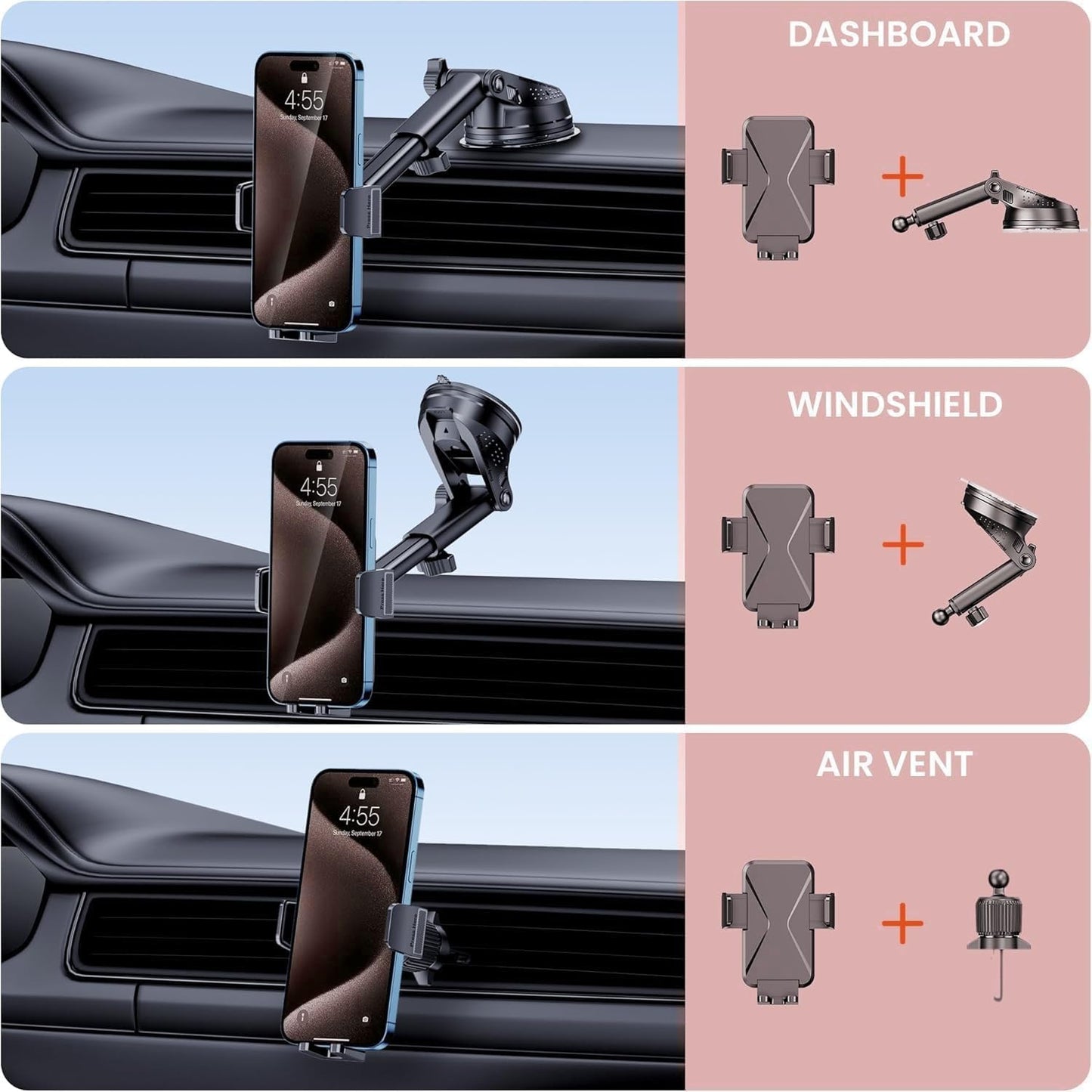 DOLYOFG Universal Car Phone Mount Holder [3-in-1 Suction Cup] for Dashboard Windshield Air Vent, Military-Grade Adhesive Phone Car Mount, One Hand