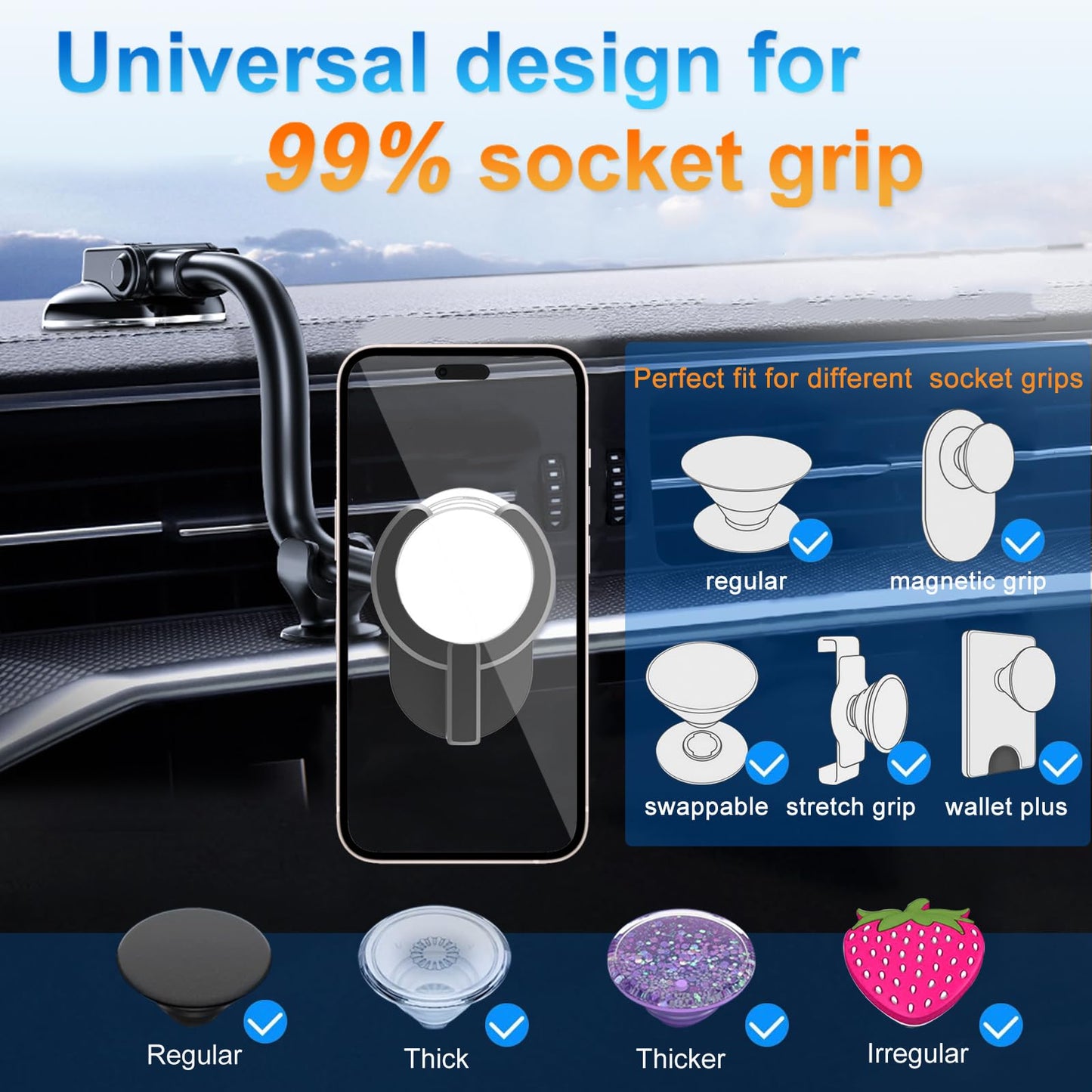 JCTRIWAY Car Phone Mount for Collapsible Grip/Socket Mount User,Windshield/Dashboard/Vent Phone Holder with Strong Suction Cup,13-Inches Long Arm
