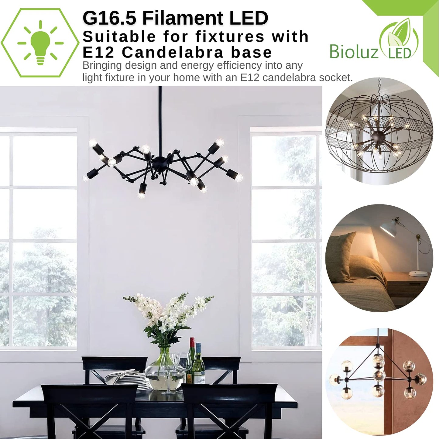 Bioluz LED 90 CRI G16.5 Light Bulb 40W Replacement (Uses only 4W) E12 Base Clear Glass Filament Pendant Warm White 2700K UL Listed Title 20 High