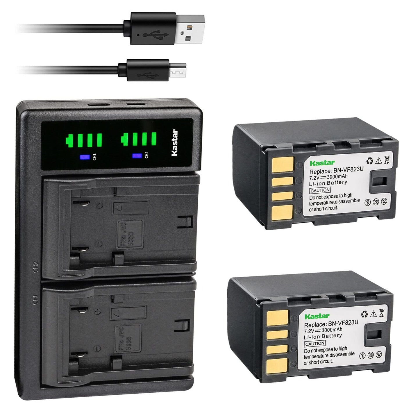 Kastar 2-Pack BN-VF823 Battery and LTD2 USB Charger Replacement for JVC GY-HM180 GY-HM360 GR-D720 GR-D720EK GR-D720EX GR-D720US GR-D721 GR-D721EX