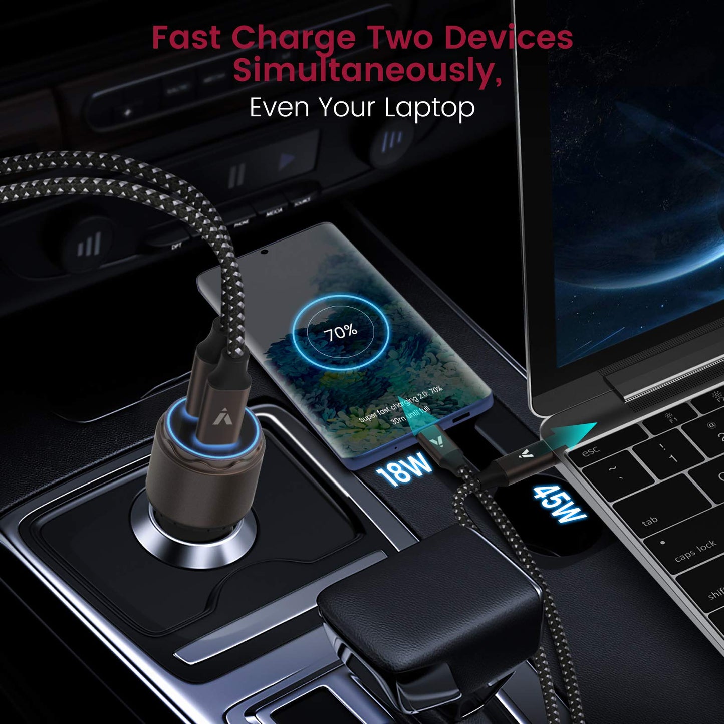 VELOGK Super Fast Type C Car Charger [73W Turbo], Fast Adaptive 55W 45W PPS/PD&QC3.0 USB C Car Adapter[Super Fast Charging 2.0]for Samsung S26/S25