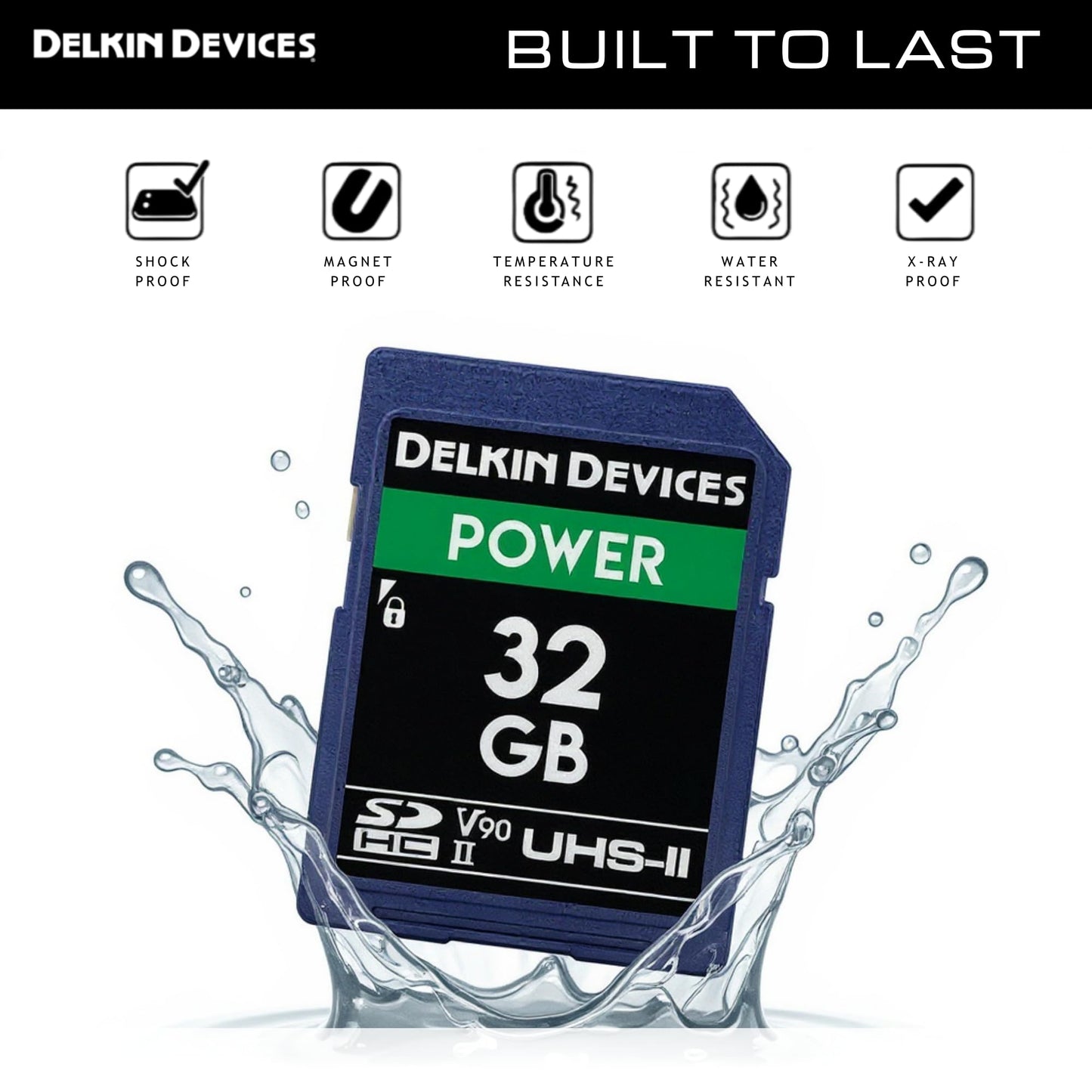 Delkin Devices Power 32GB SDHC UHS-II (U3/V90) Memory Card - 300MB/s Read, 250MB/s Write | High-Performance Card for 8K, 4K, HDR, 360º Video