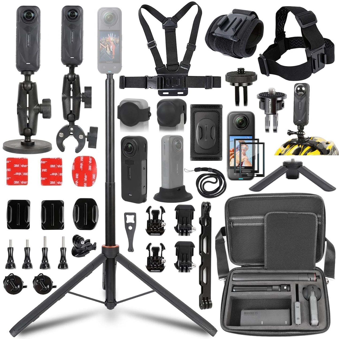 PellKing Accessories Kit for Insta360 X5,Included Carrying Case with Belt,135cm Selfie Stick Tripod,Aluminium Handlebar Clamp.2 Pcs Metal 1/4"