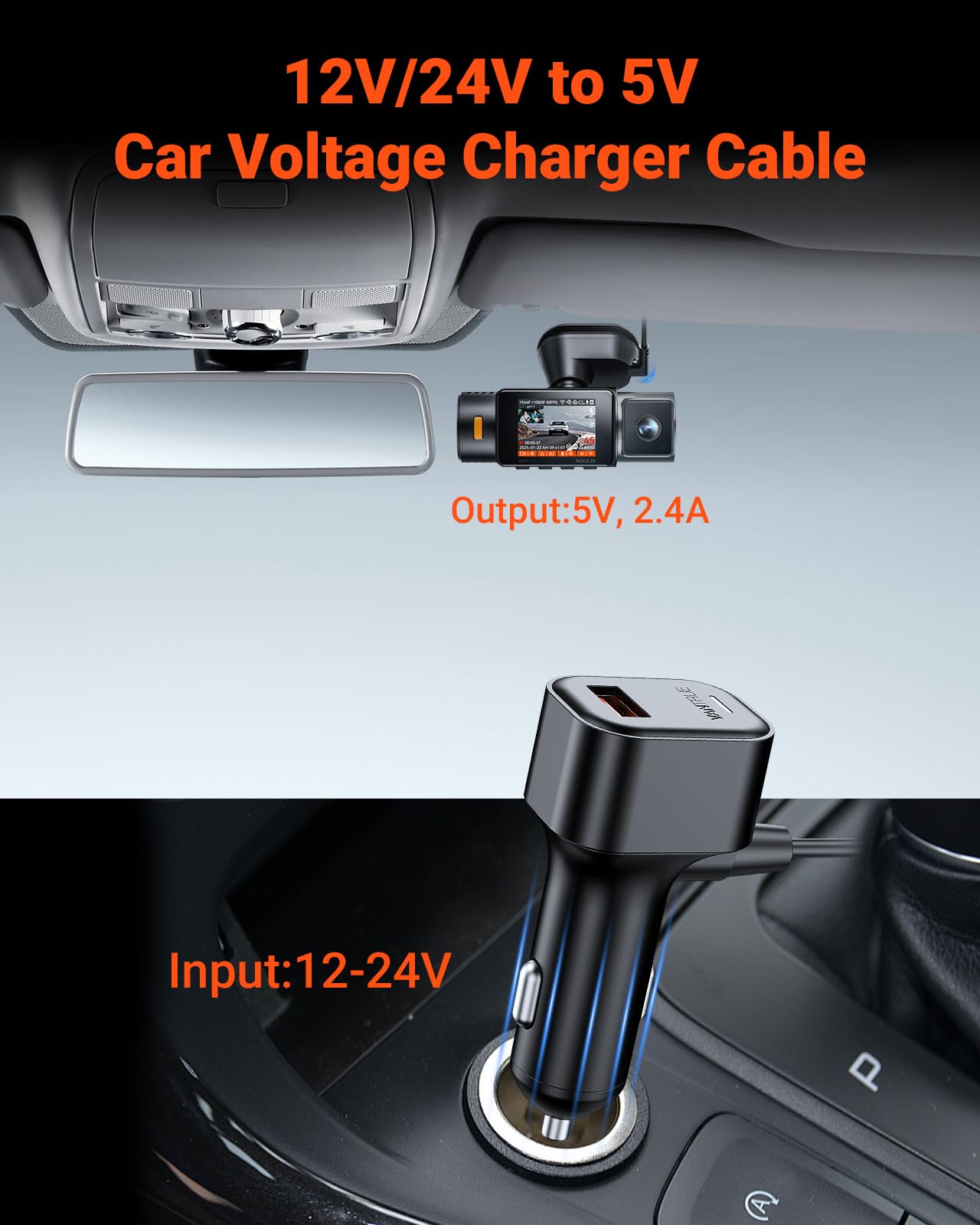 Vantrue 11.5ft USB-C Car Charger for Vantrue N4 Pro(S), N4(S), N5(S), N2X, S1Pro(MAX), E1 Pro, E1 Lite, E2, E360 Dash Cam