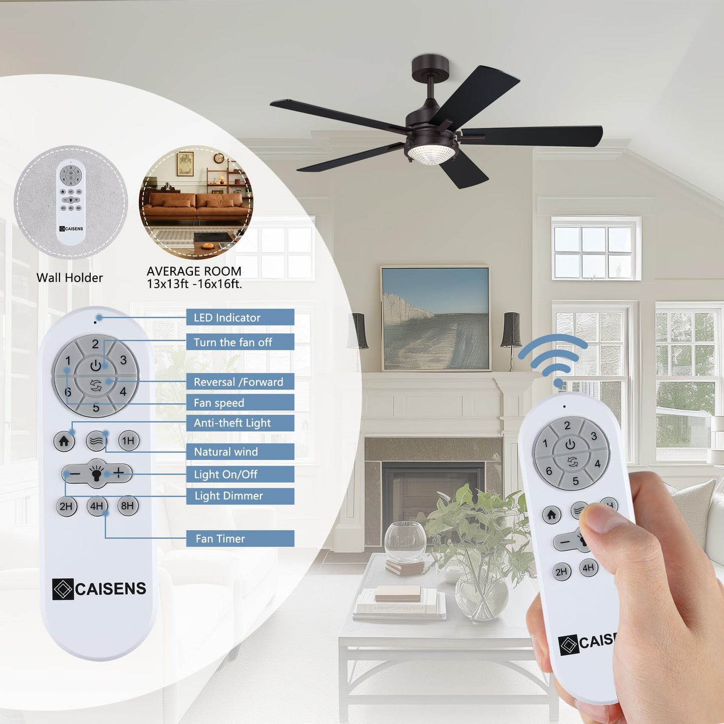 Caisens 52 Inch Farmhouse Ceiling Fan with Light and Remote Control, Forged Metal Light Kit with Crystal Prismatic Glass, 3CCT Dimmable, 6 Speed